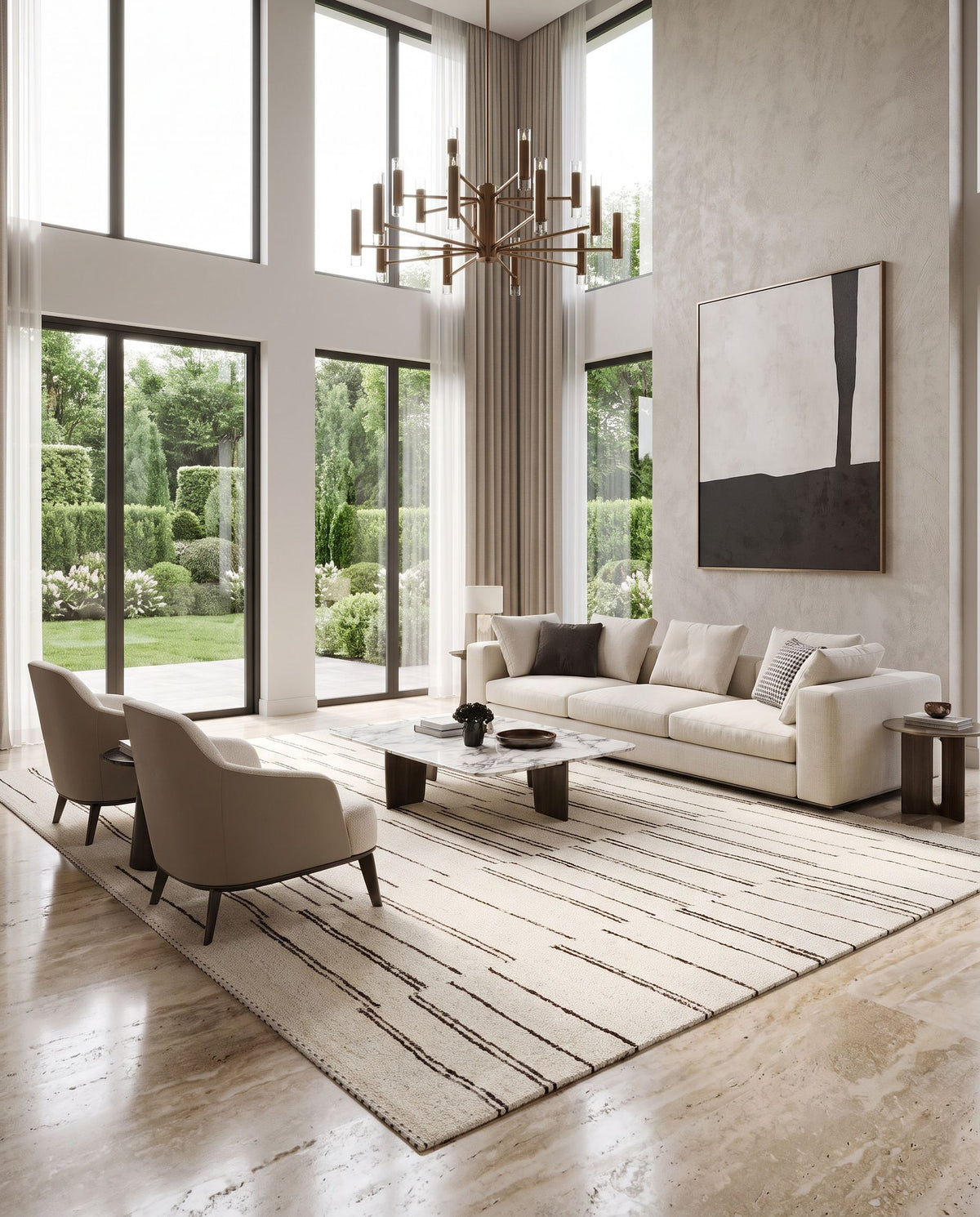 Machu Picchu MCU-1005 Hand Woven Rug styled in an elegant designer living room — hand woven global area rug in cream, dark brown and black tones