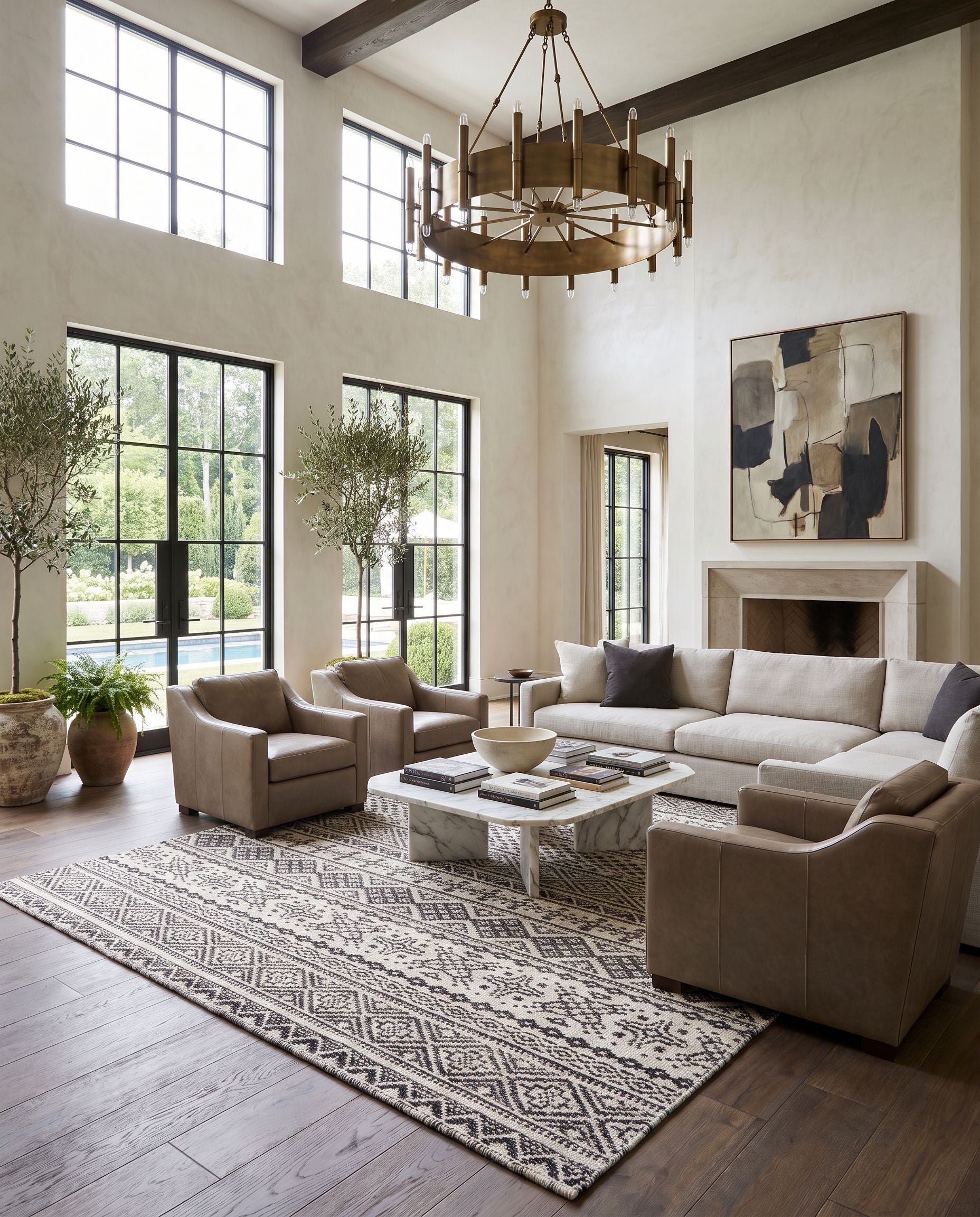 Mardin MDI-2313 Hand Woven Rug as the centerpiece of a bright luxury living room — a hand woven global area rug in black, gray and cream tones