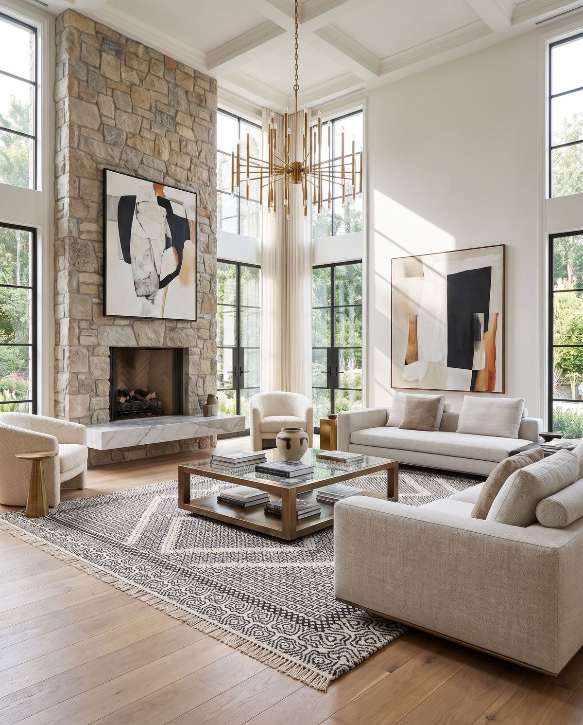 Mardin MDI-2315 Hand Woven Rug as the centerpiece of a bright luxury living room — a hand woven cottage area rug in beige and black tones