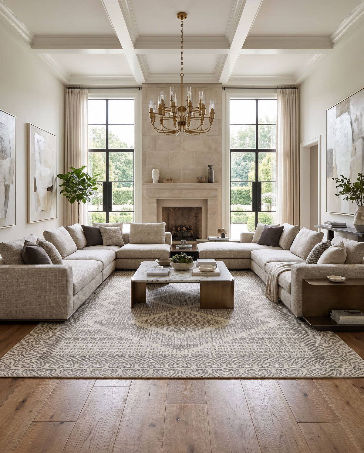 Mardin MDI-2316 Hand Woven Rug as the centerpiece of a bright luxury living room — a hand woven cottage area rug in beige and gray tones