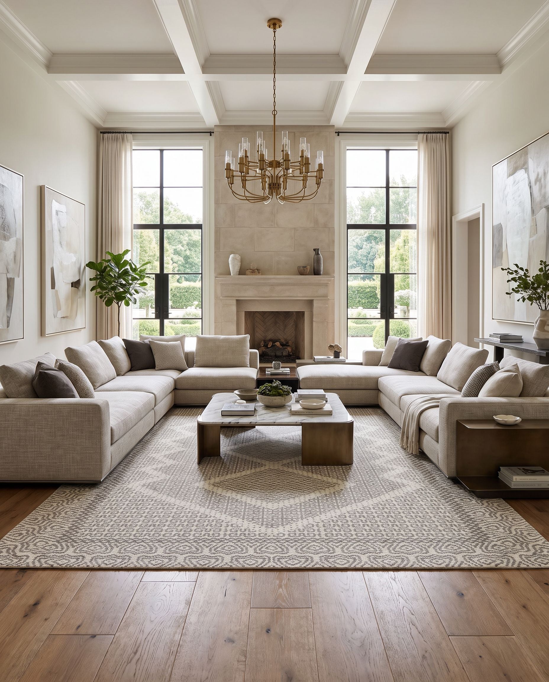 Mardin MDI-2316 Hand Woven Rug as the centerpiece of a bright luxury living room — a hand woven cottage area rug in beige and gray tones