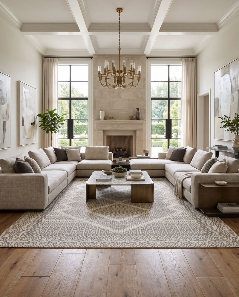 Mardin MDI-2316 Hand Woven Rug as the centerpiece of a bright luxury living room — a hand woven cottage area rug in beige and gray tones