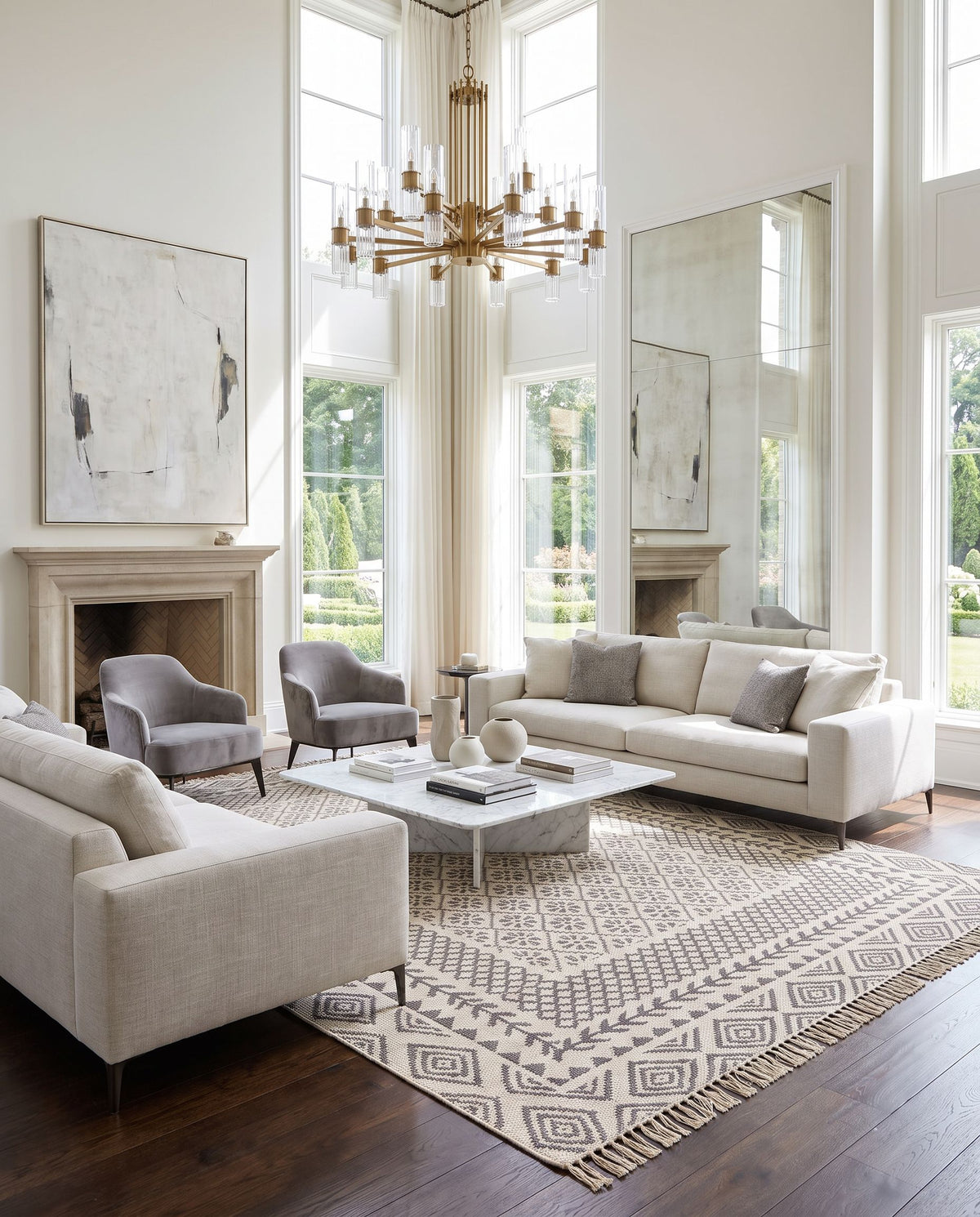 Mardin MDI-2317 Hand Woven Rug as the centerpiece of a bright luxury living room — a hand woven global area rug in beige and gray tones