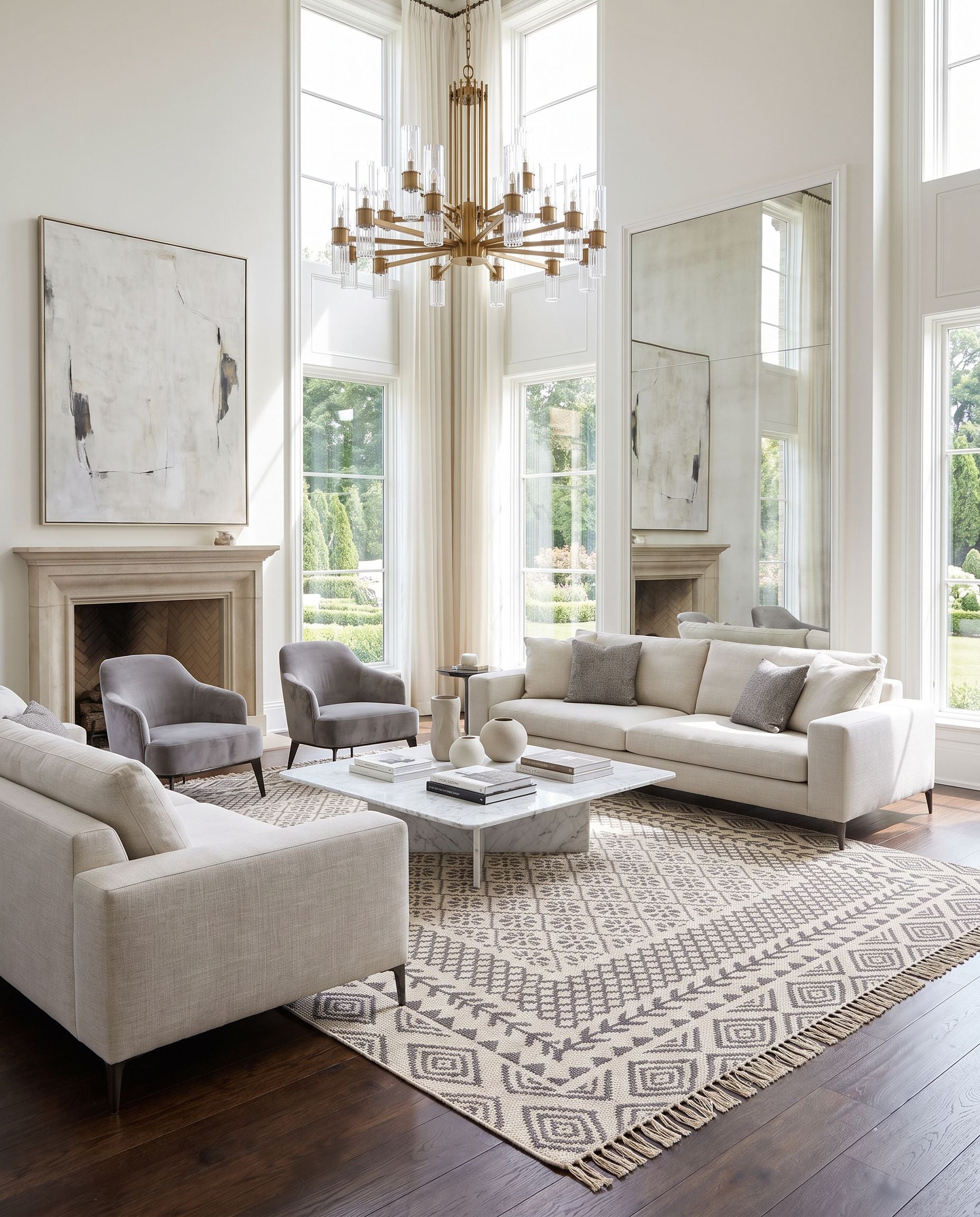 Mardin MDI-2317 Hand Woven Rug as the centerpiece of a bright luxury living room — a hand woven global area rug in beige and gray tones