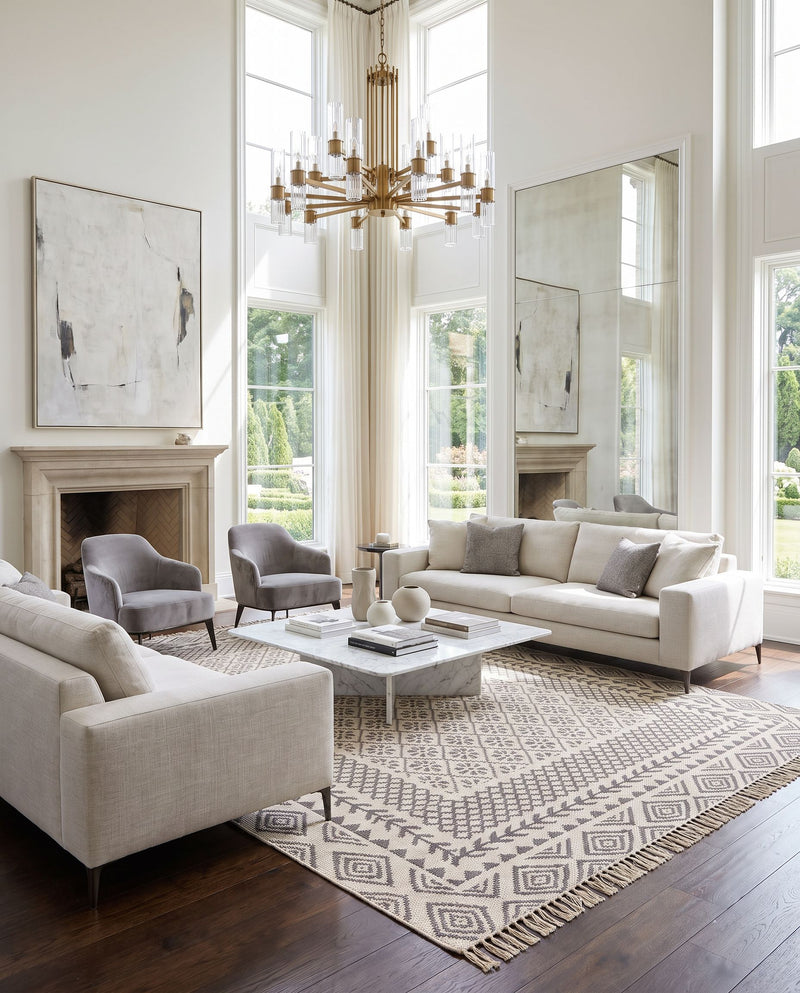 Mardin MDI-2317 Hand Woven Rug as the centerpiece of a bright luxury living room — a hand woven global area rug in beige and gray tones