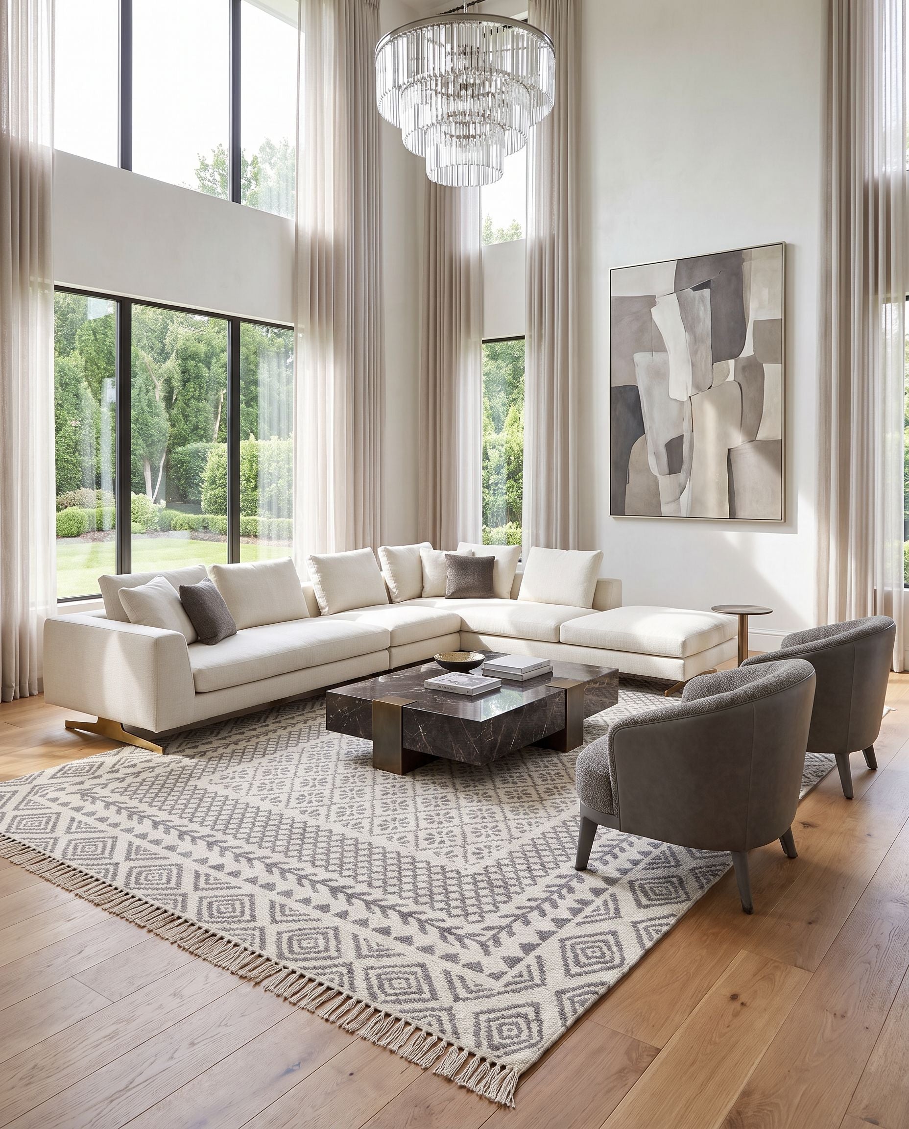 Mardin MDI-2317 Hand Woven Rug styled in an elegant designer living room — hand woven global area rug in beige and gray tones