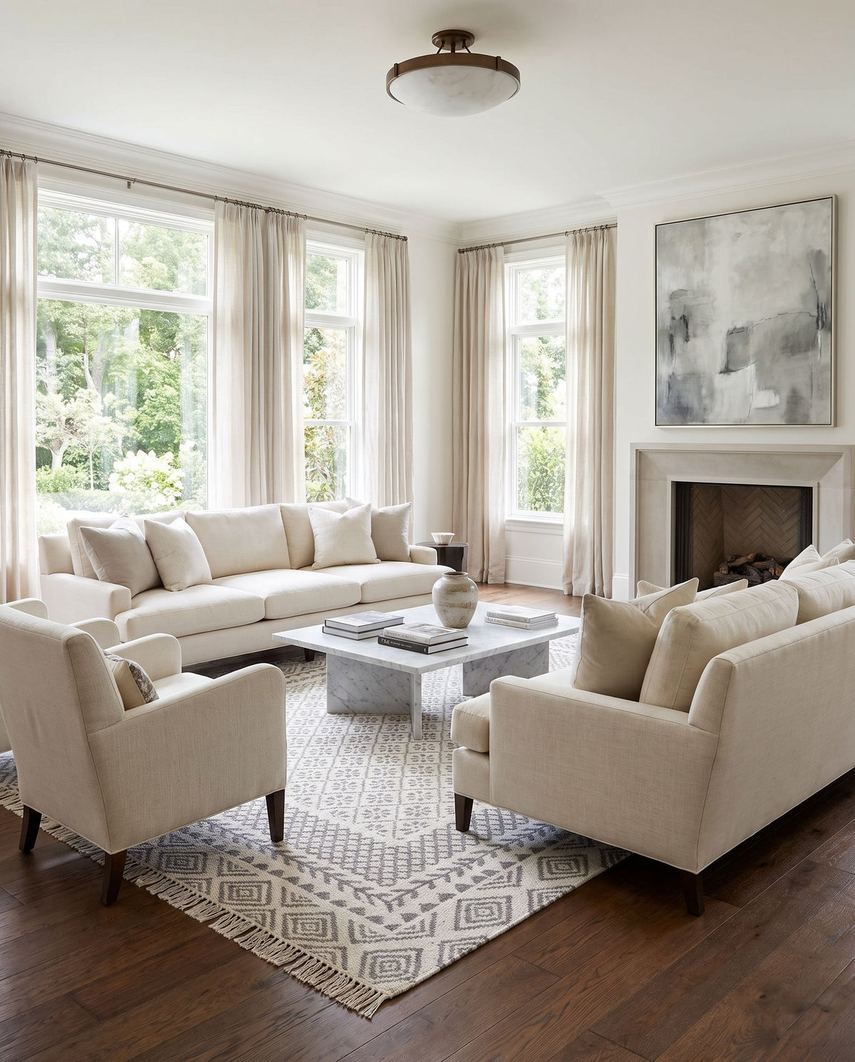 Mardin MDI-2317 Hand Woven Rug styled in an elegant designer living room — hand woven global area rug in beige and gray tones