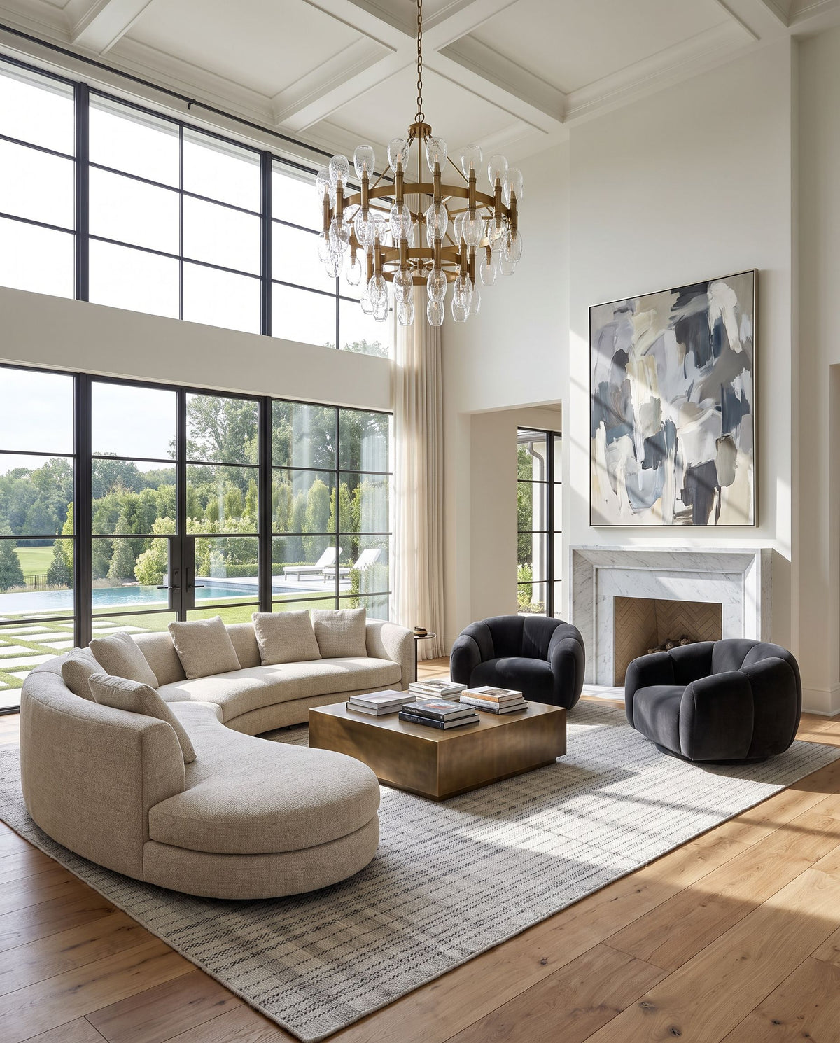 Mardin MDI-2338 Hand Woven Rug as the centerpiece of a bright luxury living room — a hand woven cottage area rug in slate gray, charcoal and dove gray tones
