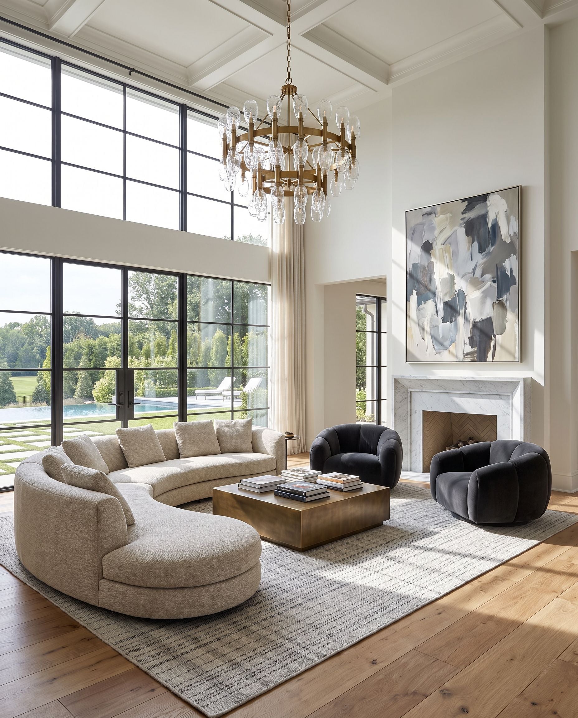 Mardin MDI-2338 Hand Woven Rug as the centerpiece of a bright luxury living room — a hand woven cottage area rug in slate gray, charcoal and dove gray tones