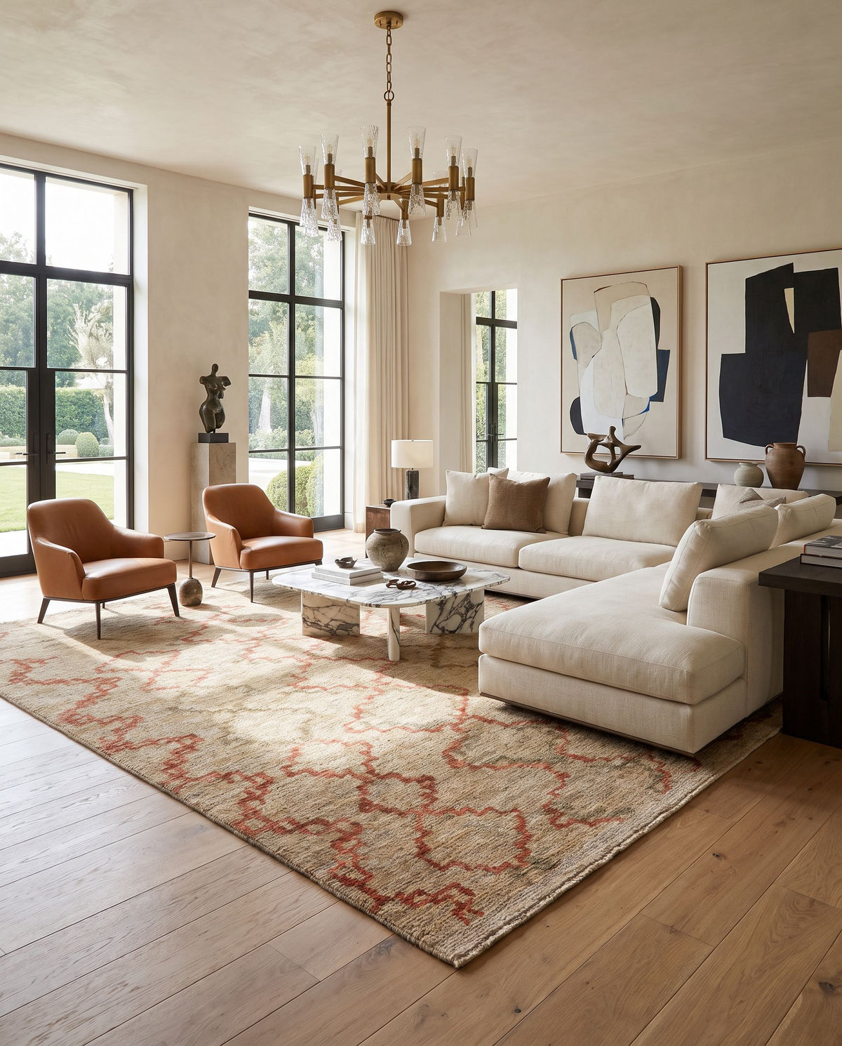 Medina MED-1108 Hand Knotted Rug as the centerpiece of a bright luxury living room — a hand knotted global area rug in red and beige tones