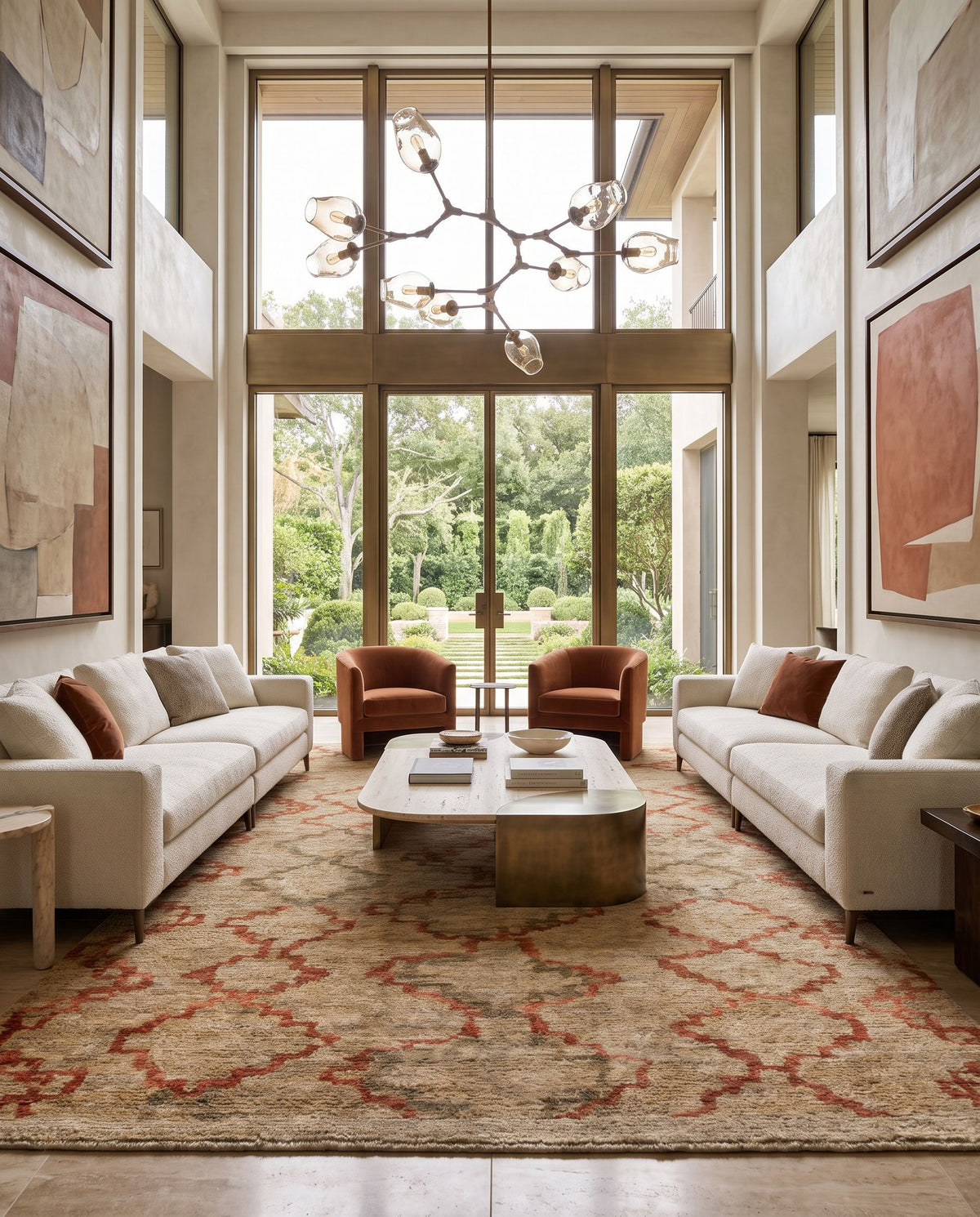 Medina MED-1108 Hand Knotted Rug styled in an elegant designer living room — hand knotted global area rug in red and beige tones