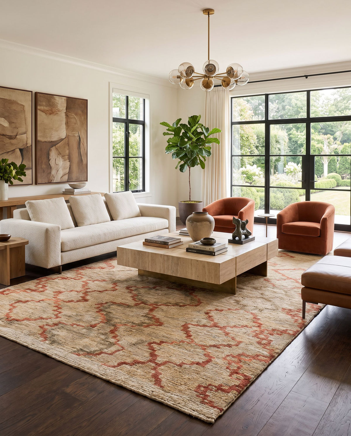 Medina MED-1108 Hand Knotted Rug styled in an elegant designer living room — hand knotted global area rug in red and beige tones