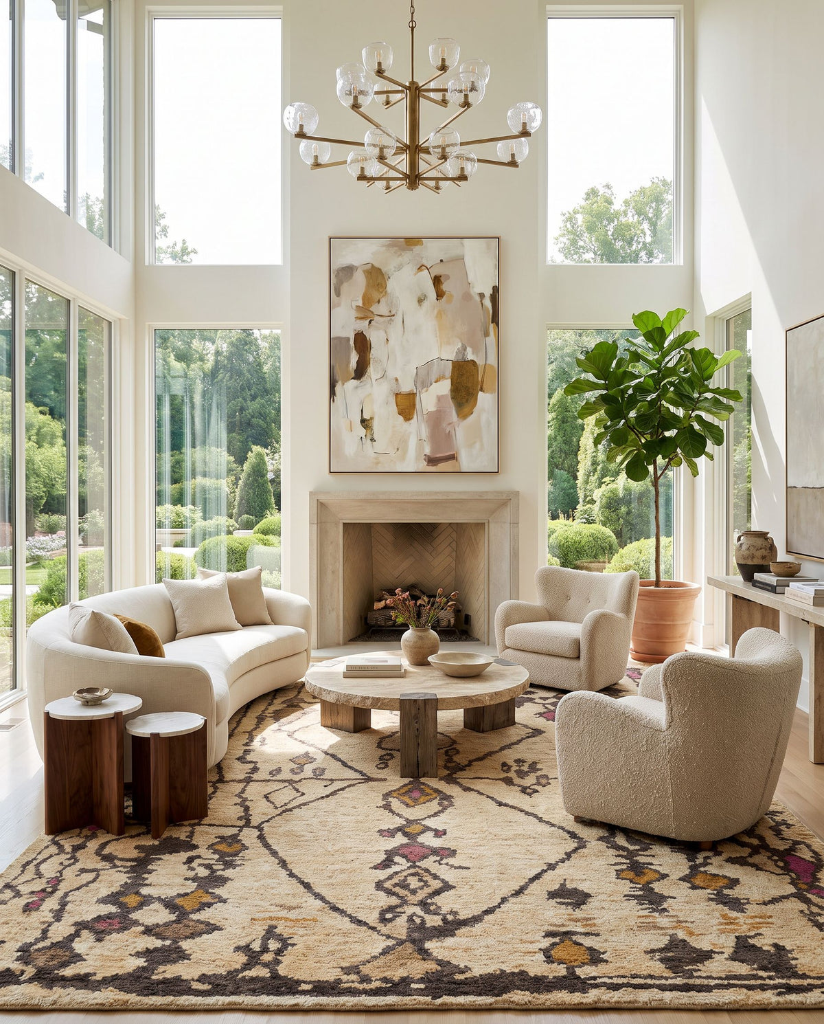 Medina MED-1110 Hand Knotted Rug as the centerpiece of a bright luxury living room — a hand knotted global area rug in burnt orange, rose, beige and tan tones