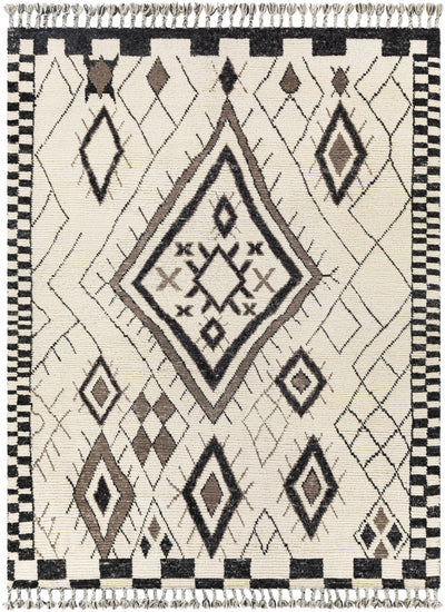 Black Hand Knotted 100% NZ Wool Global Rectangle Handmade rug, Indoor use only, has fringe, non-washable.