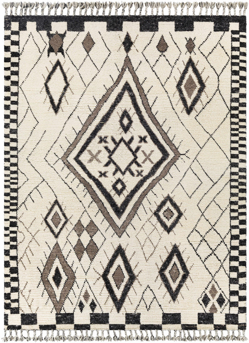 Black Hand Knotted 100% NZ Wool Global Rectangle Handmade rug, Indoor use only, has fringe, non-washable.