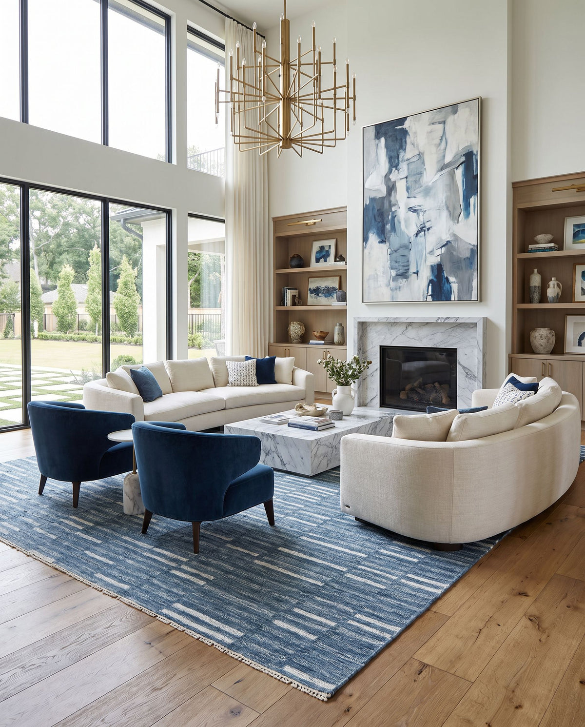 Marseille MLL-2301 Hand Woven Rug as the centerpiece of a bright luxury living room — a hand woven transitional, traditional area rug in gray, slate blue, metallic silver and light silver tones