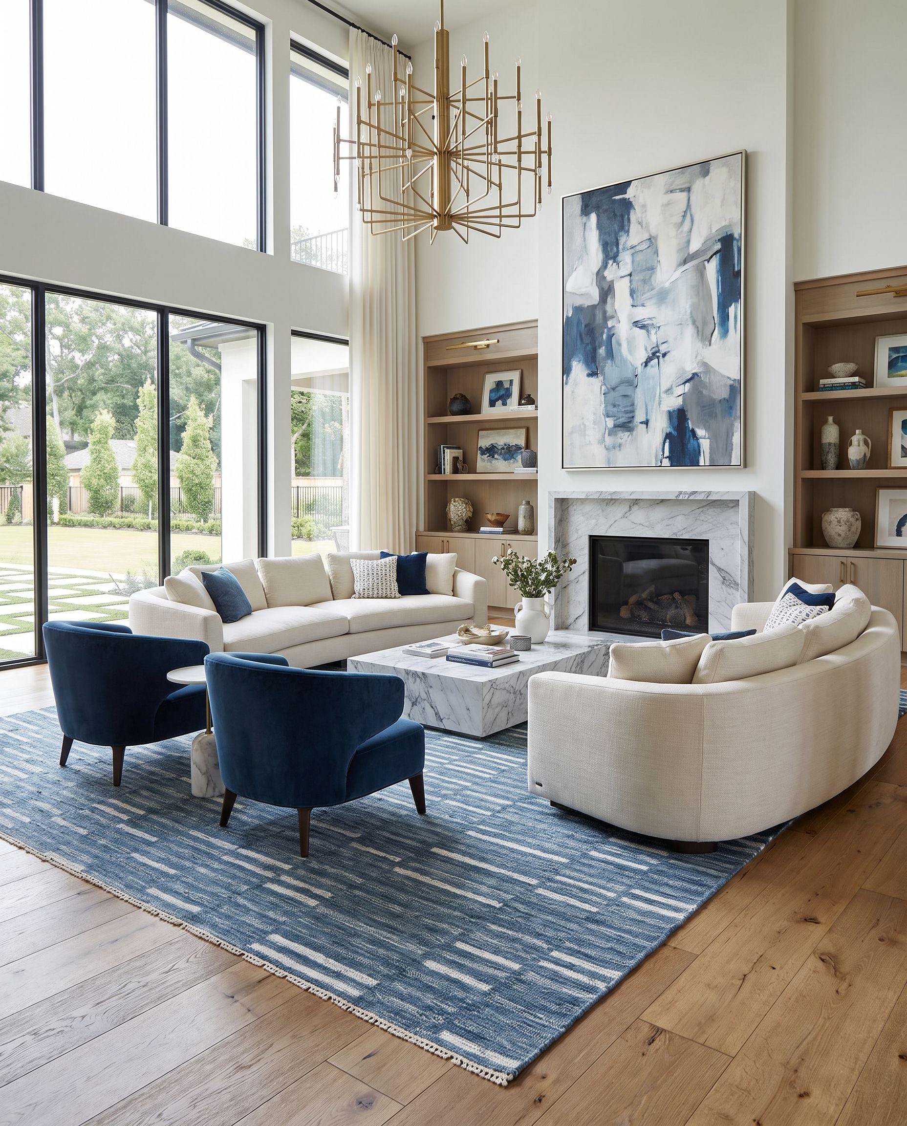 Marseille MLL-2301 Hand Woven Rug as the centerpiece of a bright luxury living room — a hand woven transitional, traditional area rug in gray, slate blue, metallic silver and light silver tones