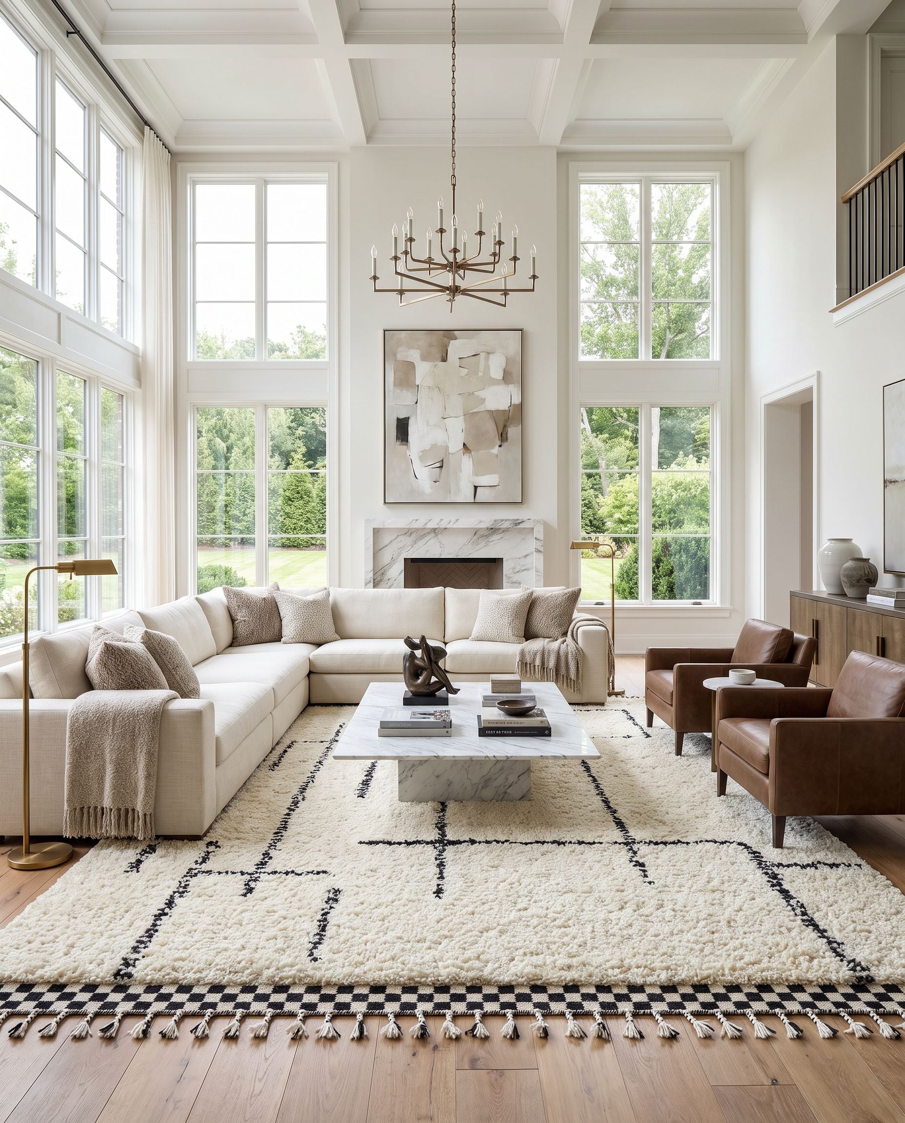 Mirela MMI-2300 Hand Woven Rug as the centerpiece of a bright luxury living room — a hand woven transitional, bohemian area rug in ivory, charcoal and jet black tones