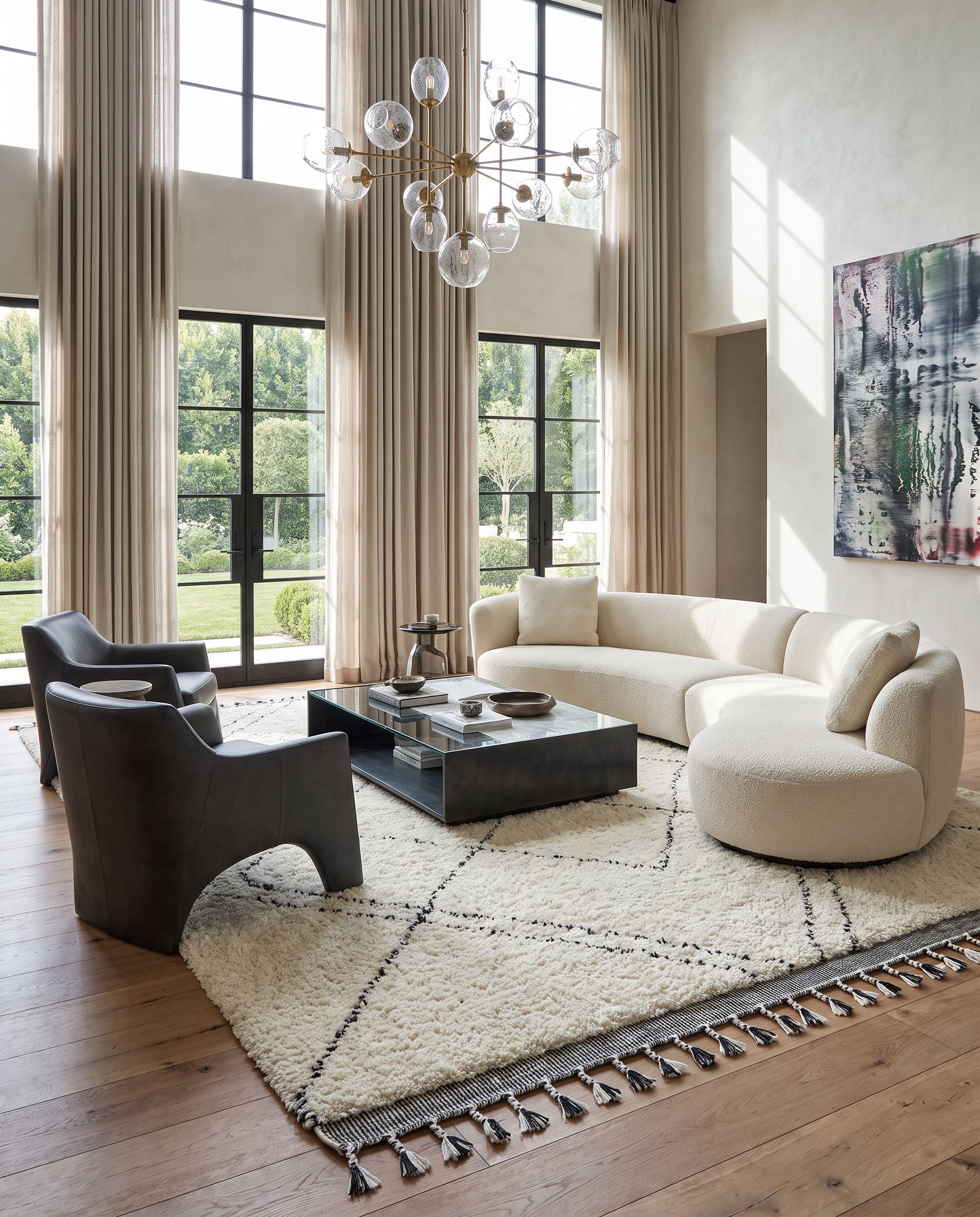 Mirela MMI-2302 Hand Woven Rug as the centerpiece of a bright luxury living room — a hand woven transitional, bohemian area rug in ivory, charcoal and slate gray tones