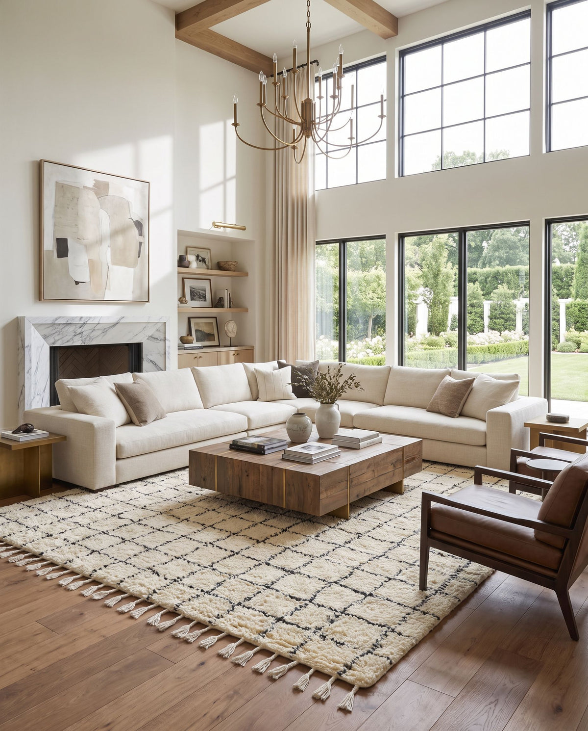 Mirela MMI-2303 Hand Woven Rug as the centerpiece of a bright luxury living room — a hand woven transitional, bohemian area rug in ivory and charcoal tones