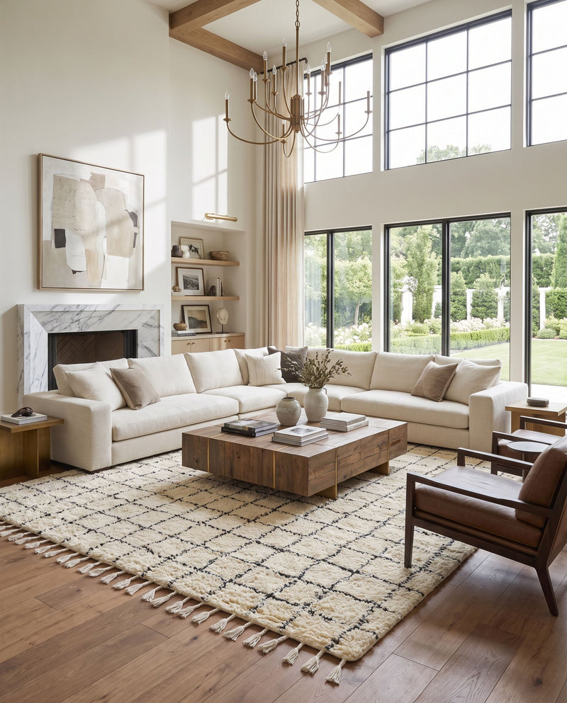 Mirela MMI-2303 Hand Woven Rug as the centerpiece of a bright luxury living room — a hand woven transitional, bohemian area rug in ivory and charcoal tones