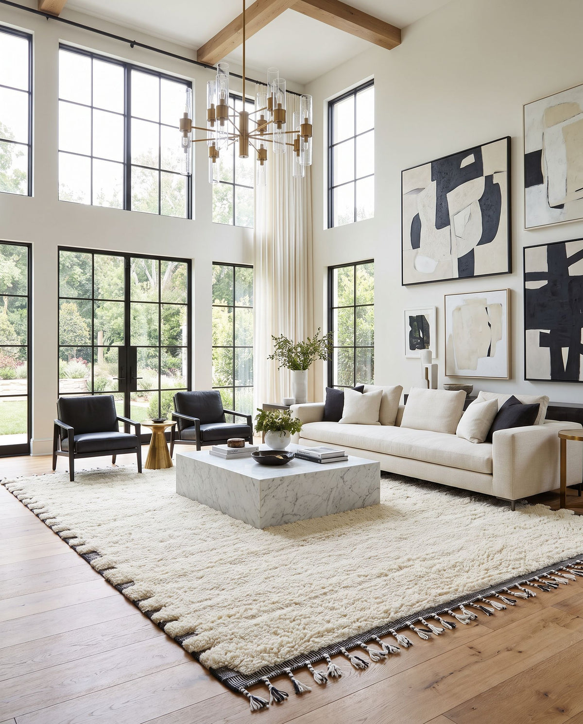 Mirela MMI-2304 Hand Woven Rug as the centerpiece of a bright luxury living room — a hand woven transitional, bohemian area rug in ivory, charcoal and slate blue tones