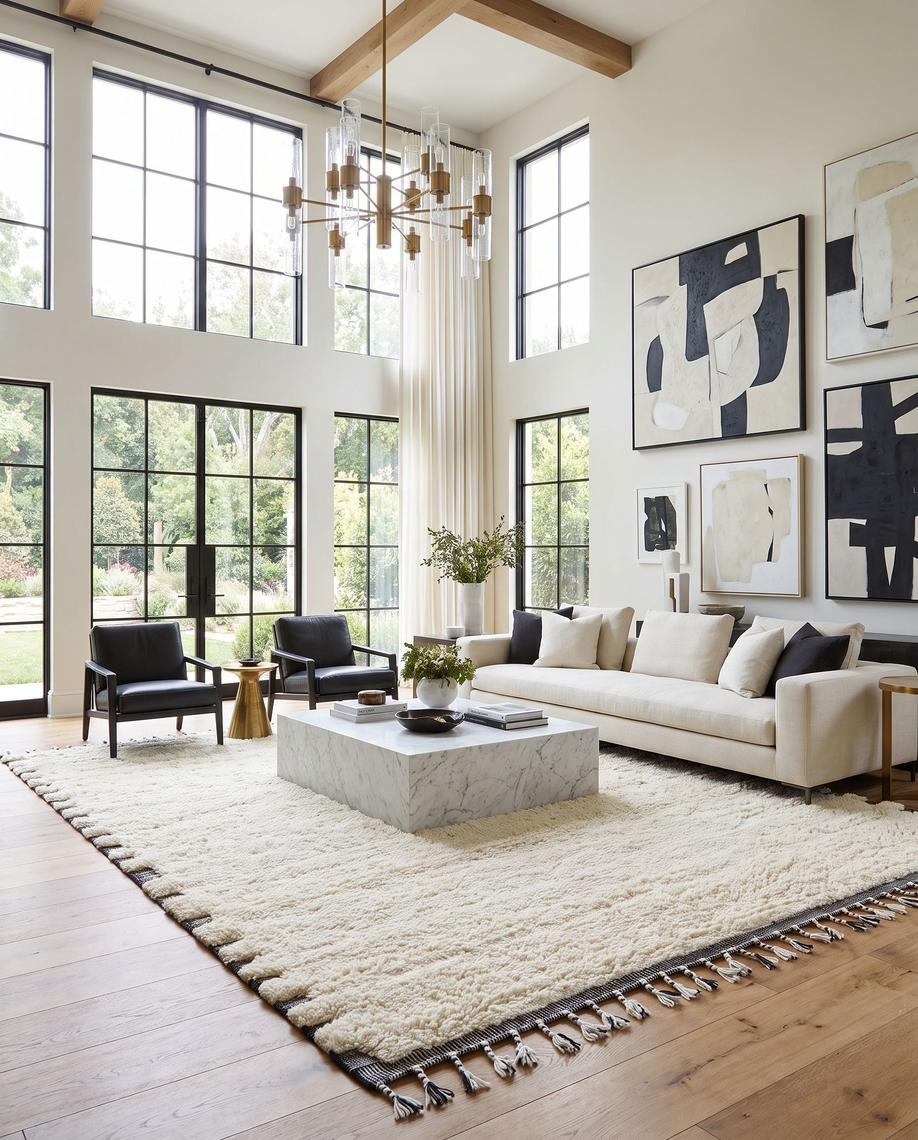 Mirela MMI-2304 Hand Woven Rug as the centerpiece of a bright luxury living room — a hand woven transitional, bohemian area rug in ivory, charcoal and slate blue tones