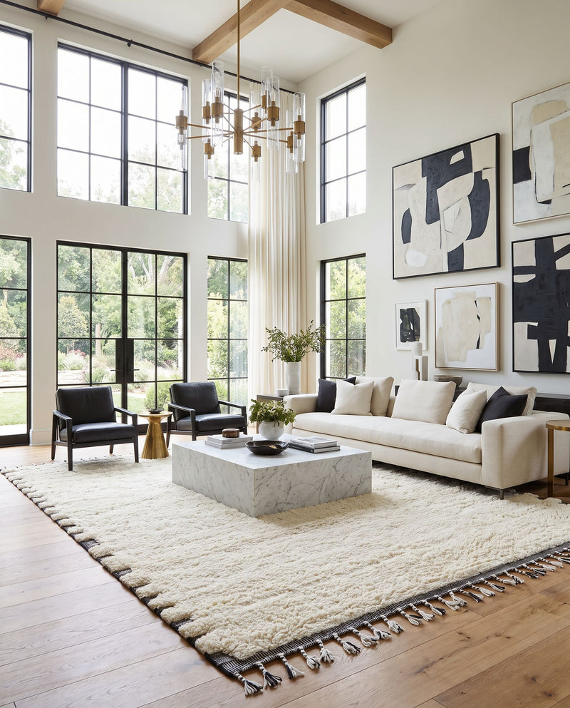 Mirela MMI-2304 Hand Woven Rug as the centerpiece of a bright luxury living room — a hand woven transitional, bohemian area rug in ivory, charcoal and slate blue tones