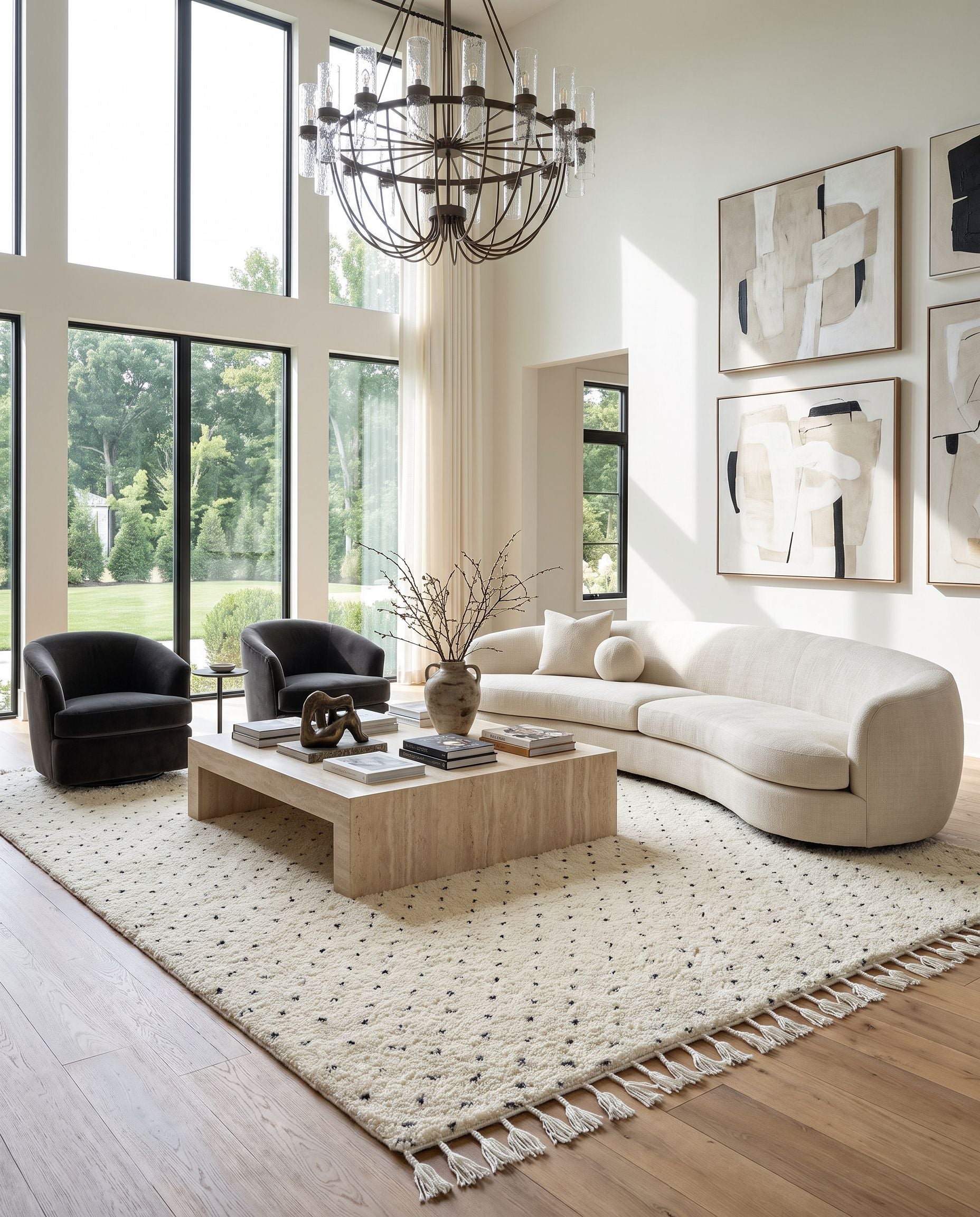 Mirela MMI-2305 Hand Woven Rug as the centerpiece of a bright luxury living room — a hand woven transitional, bohemian area rug in ivory, charcoal and cream tones