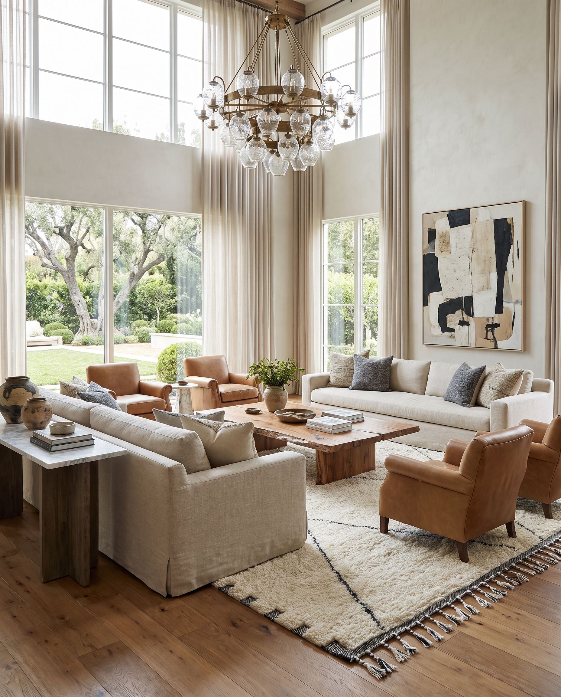Mirela MMI-2306 Hand Woven Rug as the centerpiece of a bright luxury living room — a hand woven transitional, bohemian area rug in ivory, charcoal and slate blue tones