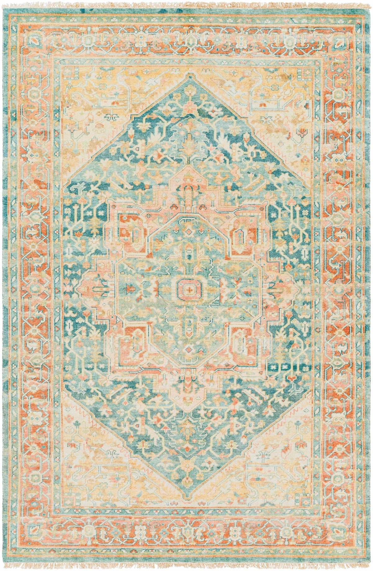 Saffron Hand Knotted 70% Wool, 30% Viscose Traditional Rectangle Handmade rug, Indoor use only, has fringe, non-washable.