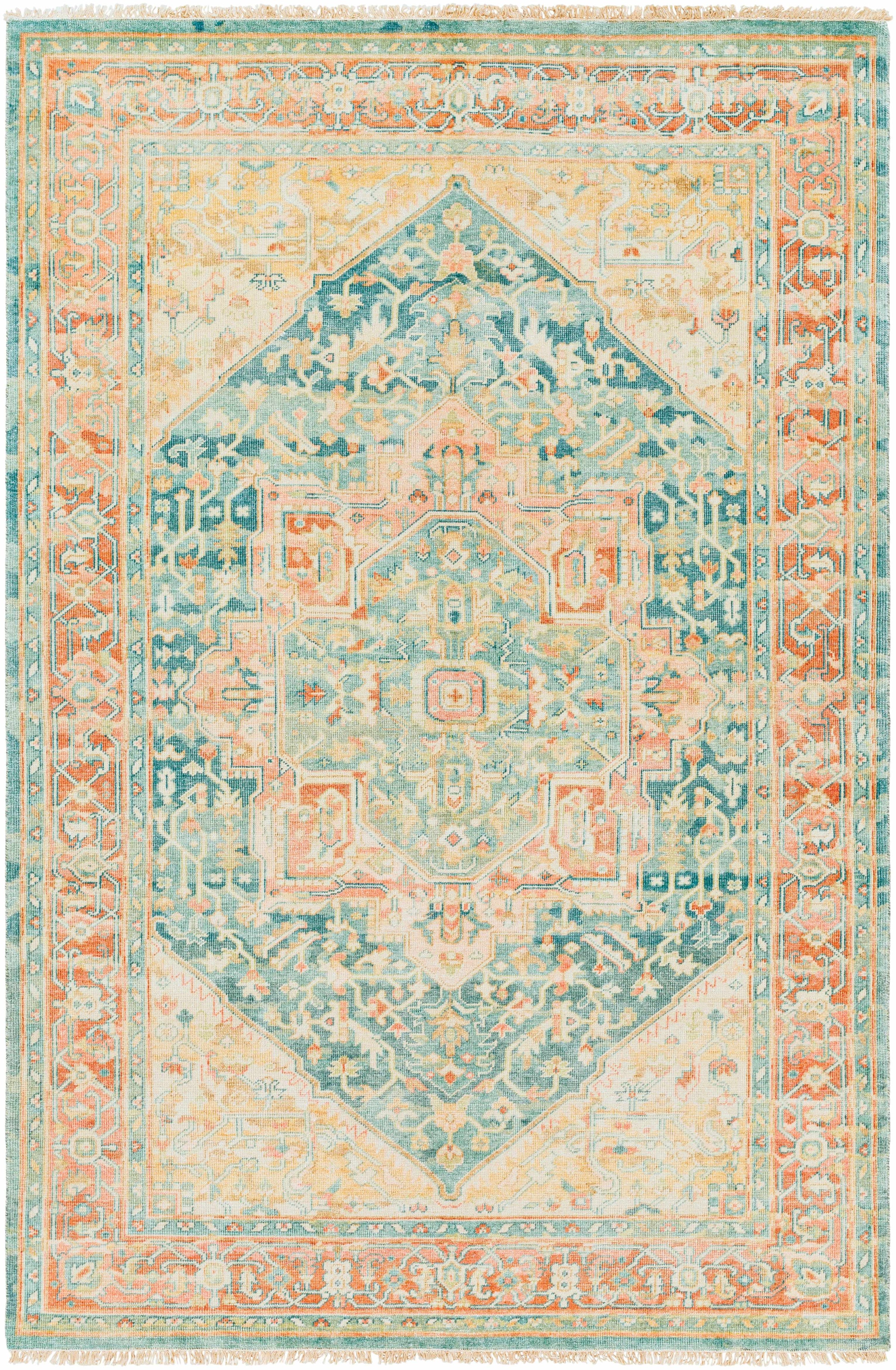 Saffron Hand Knotted 70% Wool, 30% Viscose Traditional Rectangle Handmade rug, Indoor use only, has fringe, non-washable.