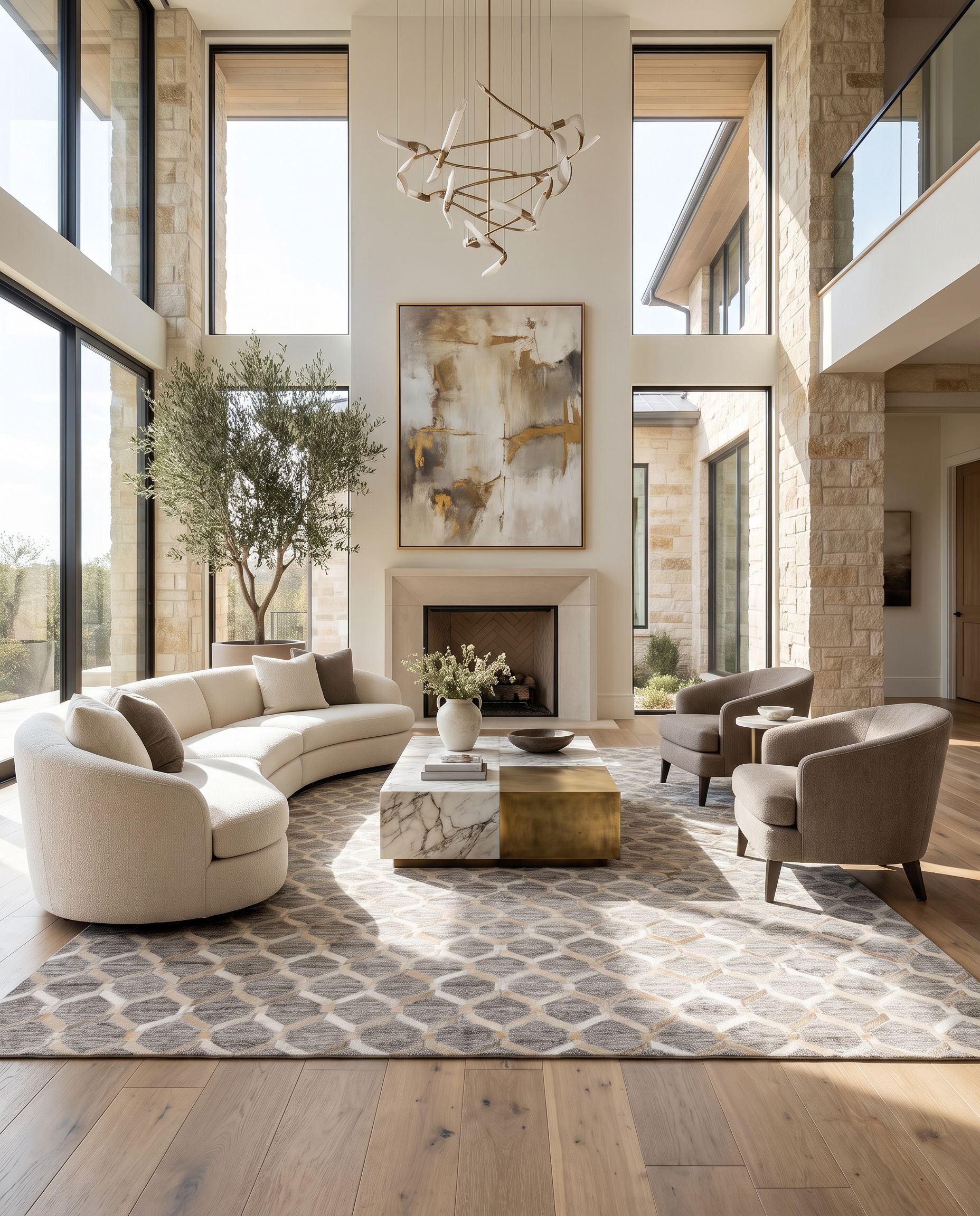 Medora MOD-1009 Hand Crafted Rug as the centerpiece of a bright luxury living room — a hand crafted modern area rug in beige, medium gray, cream and light brown tones