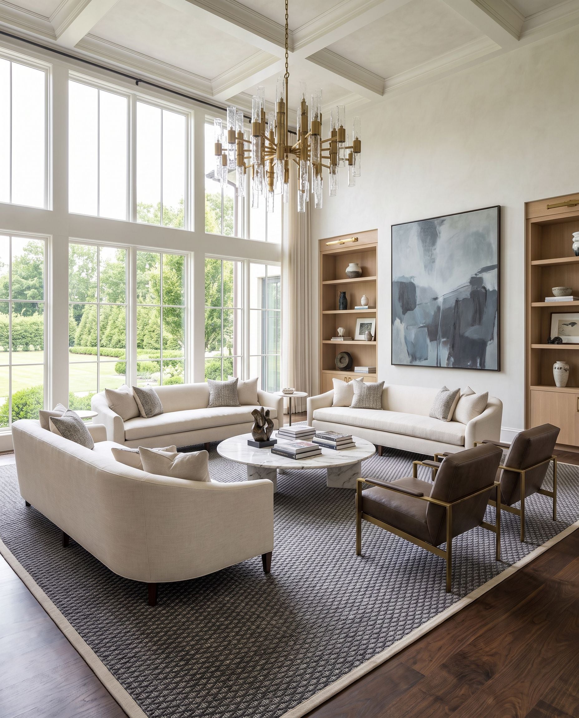 Modena MOE-1000 Hand Woven Rug as the centerpiece of a bright luxury living room — a hand woven modern area rug in light gray, charcoal and cream tones