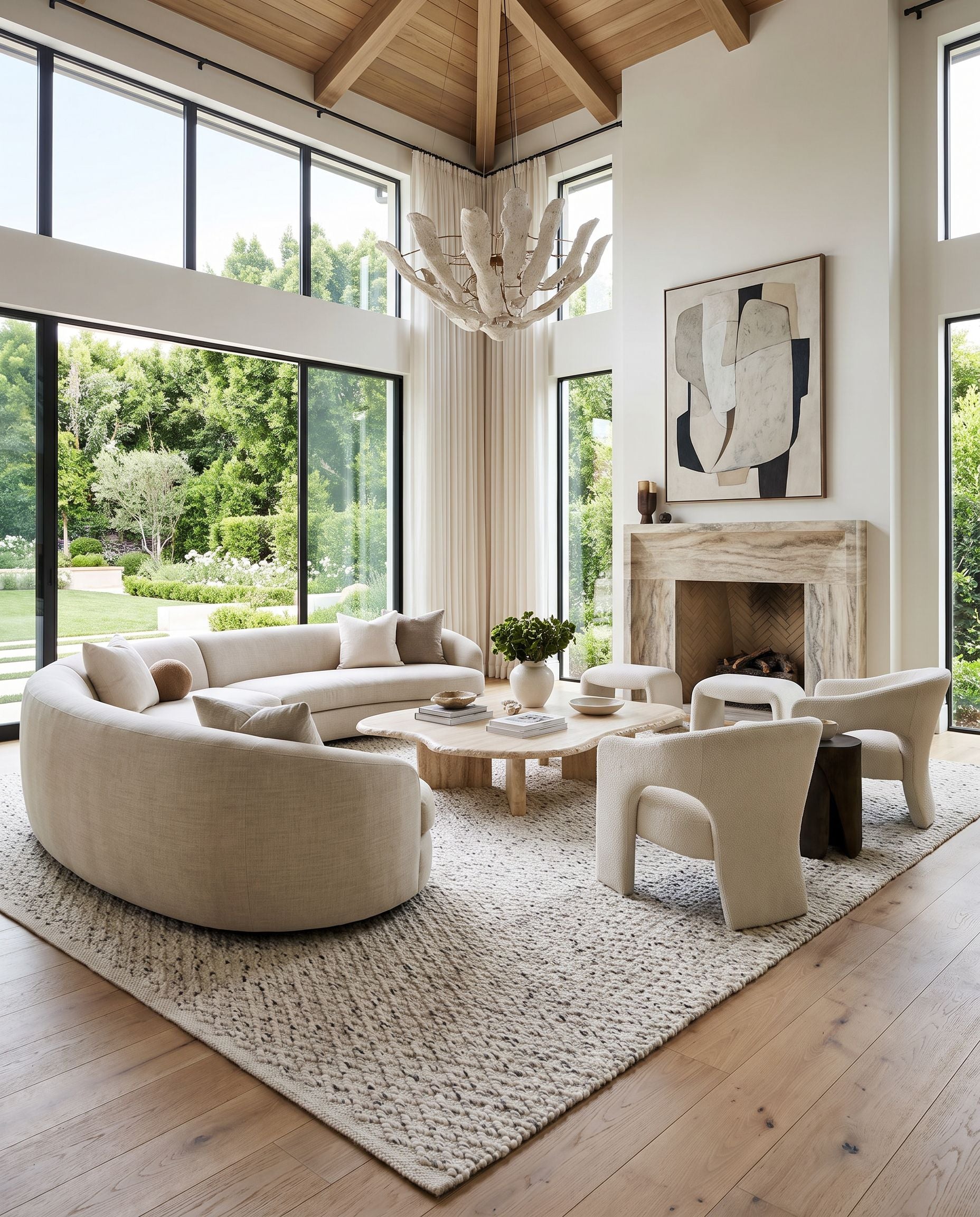 Modena MOE-1002 Hand Woven Rug as the centerpiece of a bright luxury living room — a hand woven modern area rug in ivory and black tones