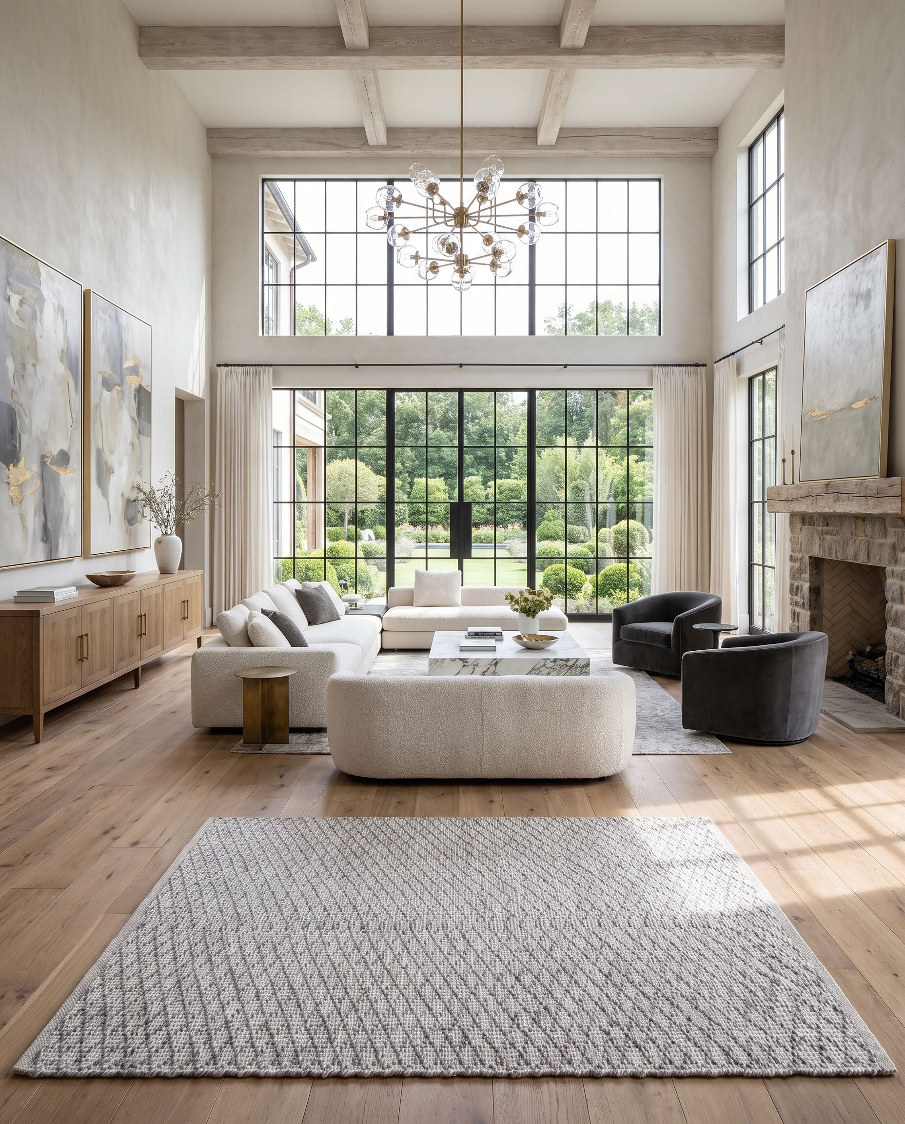 Modena MOE-1003 Hand Woven Rug as the centerpiece of a bright luxury living room — a hand woven modern area rug in gray and white tones