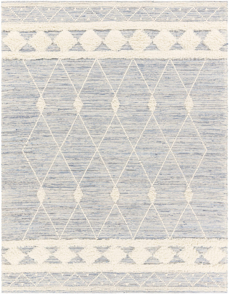 Blue Hand Woven 60% Wool, 40% Cotton Global Rectangle Handmade rug, Indoor use only, no fringe, non-washable.