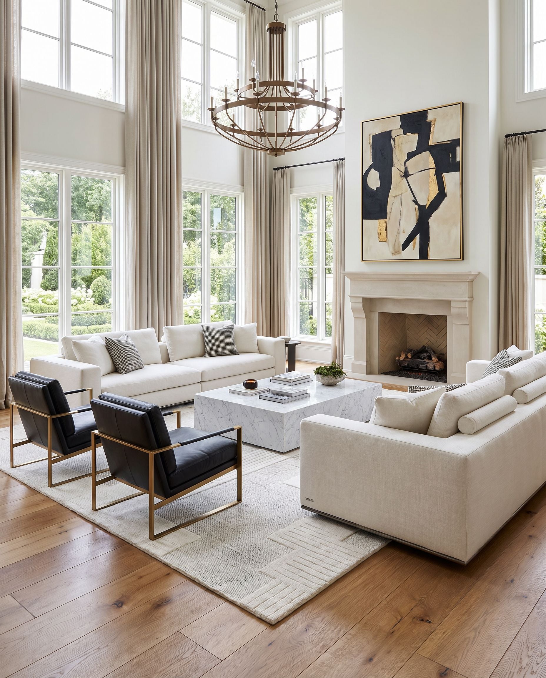 Molde MOL-2300 Hand Loomed Rug as the centerpiece of a bright luxury living room — a hand loomed modern area rug in ivory, dove gray and ash tones