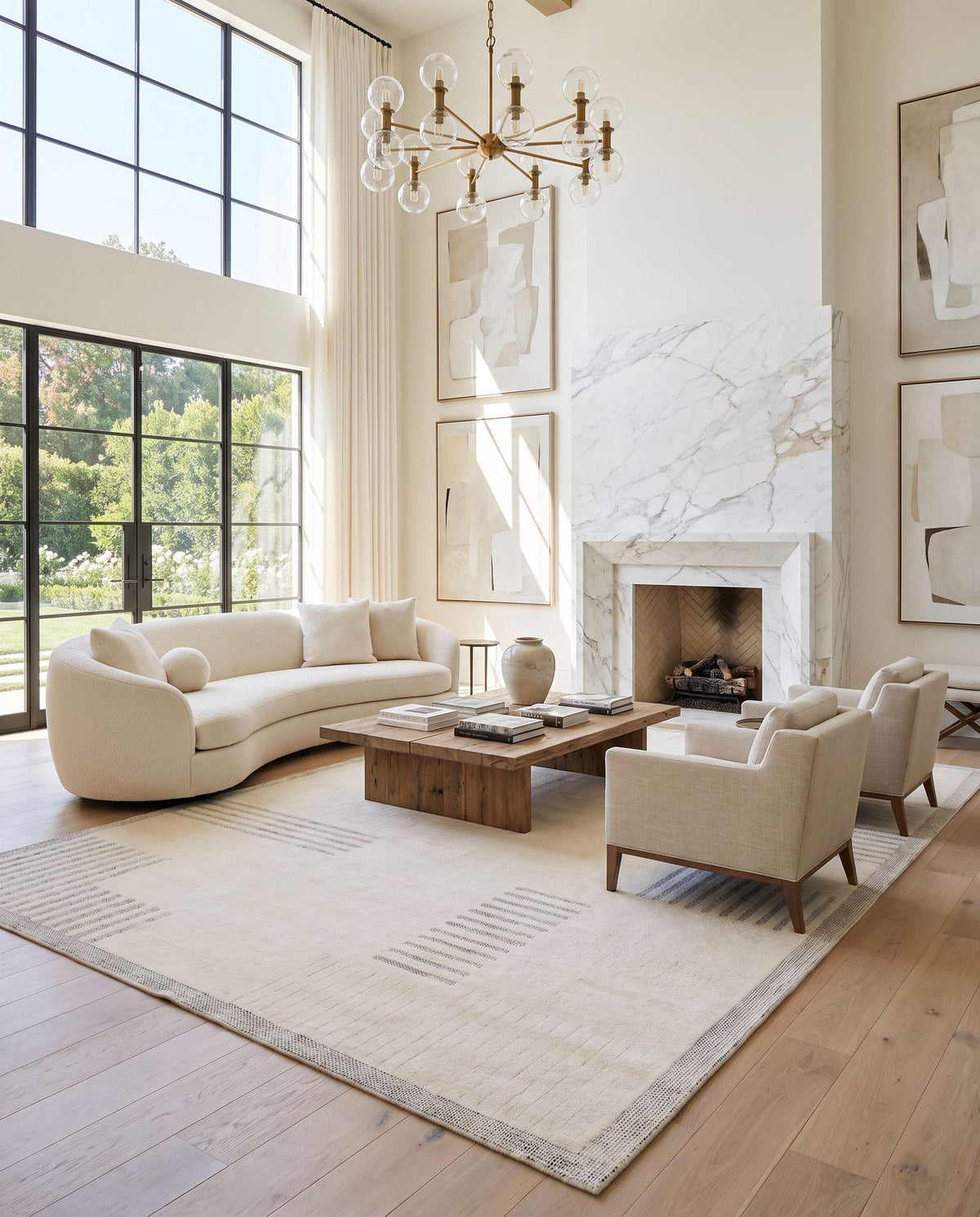 Molde MOL-2301 Hand Loomed Rug as the centerpiece of a bright luxury living room — a hand loomed modern area rug in ivory, slate gray and dove gray tones