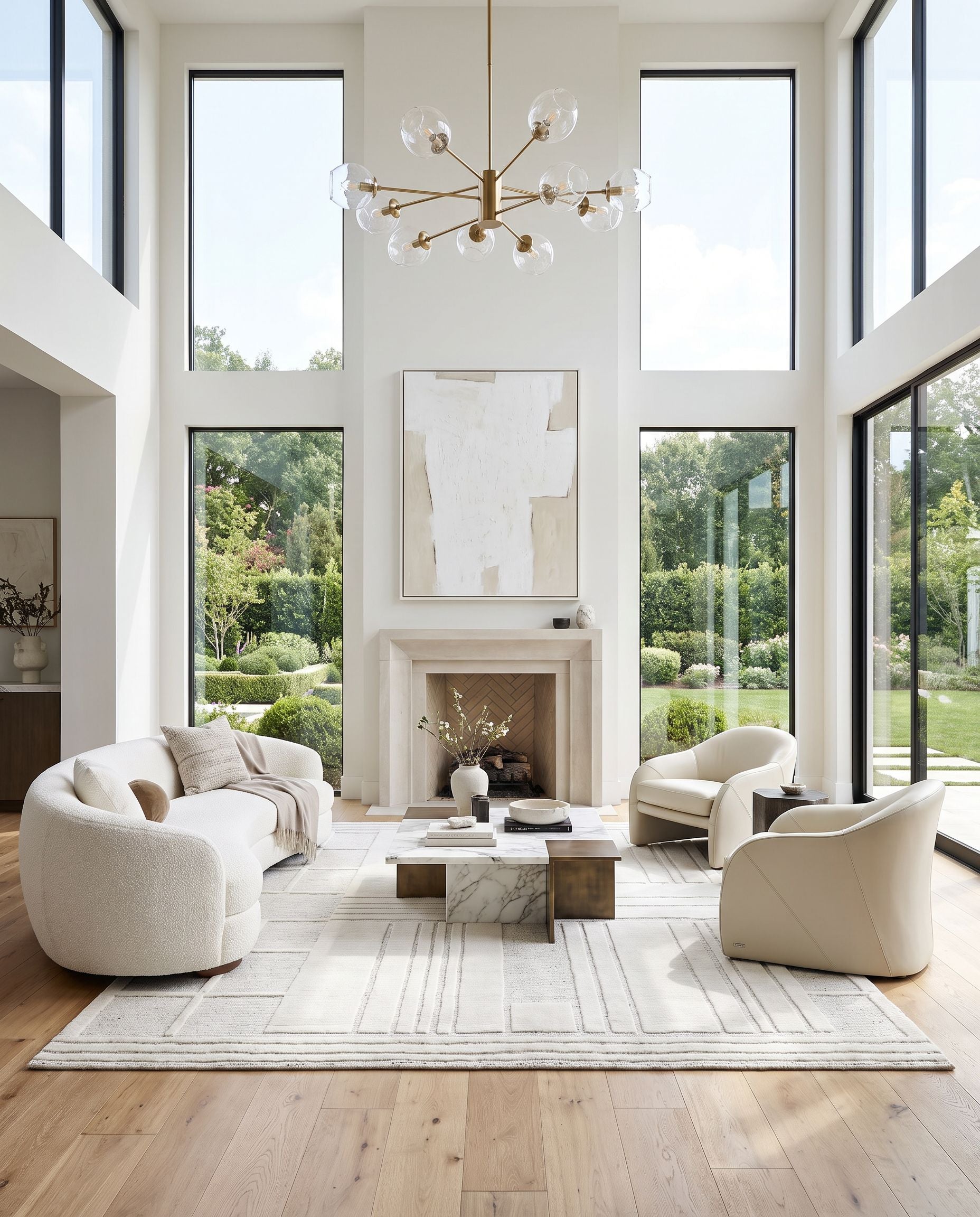 Molde MOL-2302 Hand Loomed Rug as the centerpiece of a bright luxury living room — a hand loomed contemporary area rug in light silver and silver gray tones