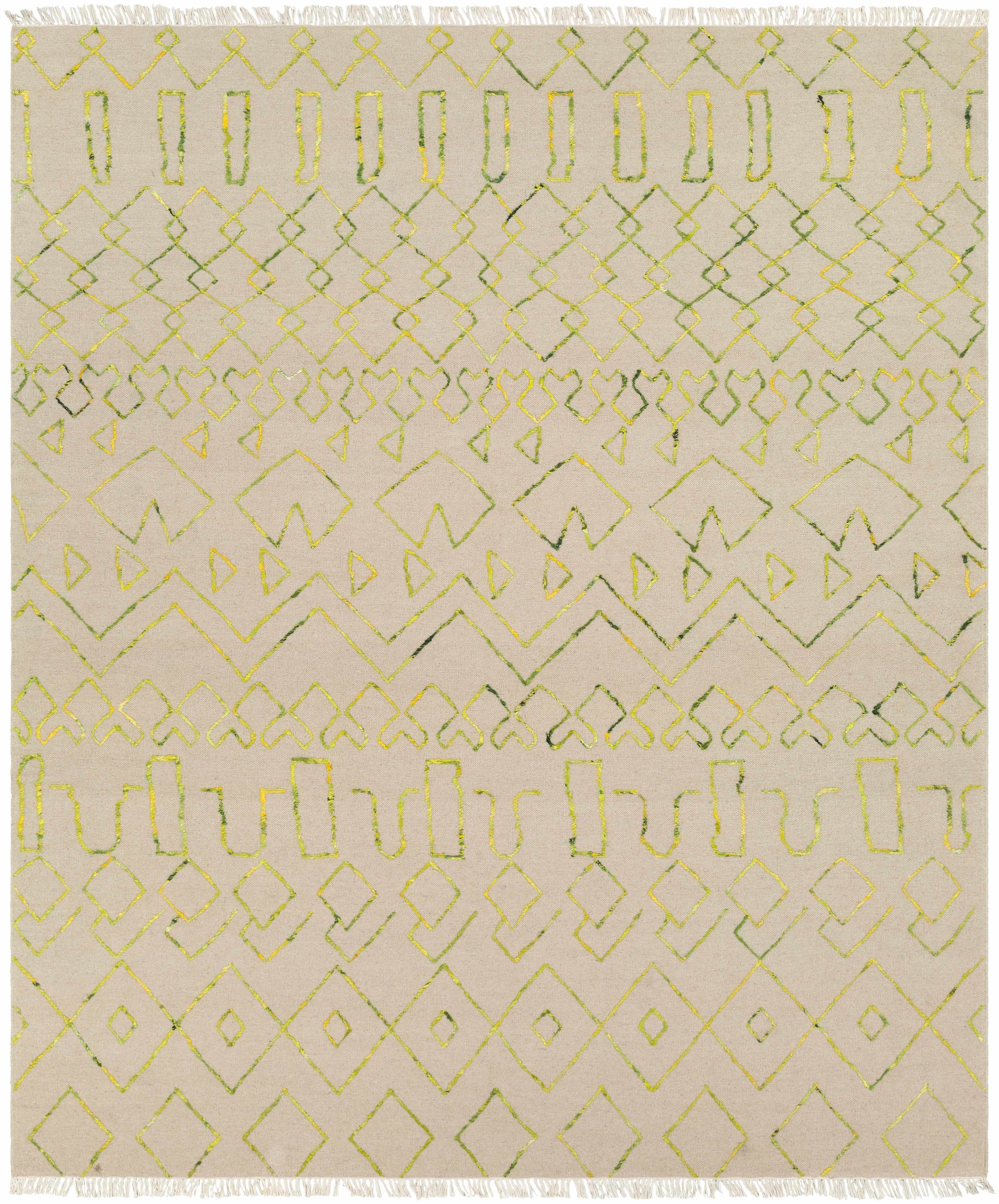 Light Beige Hand Woven 80% Wool, 20% Viscose Global Rectangle Handmade rug, Indoor use only, has fringe, non-washable.