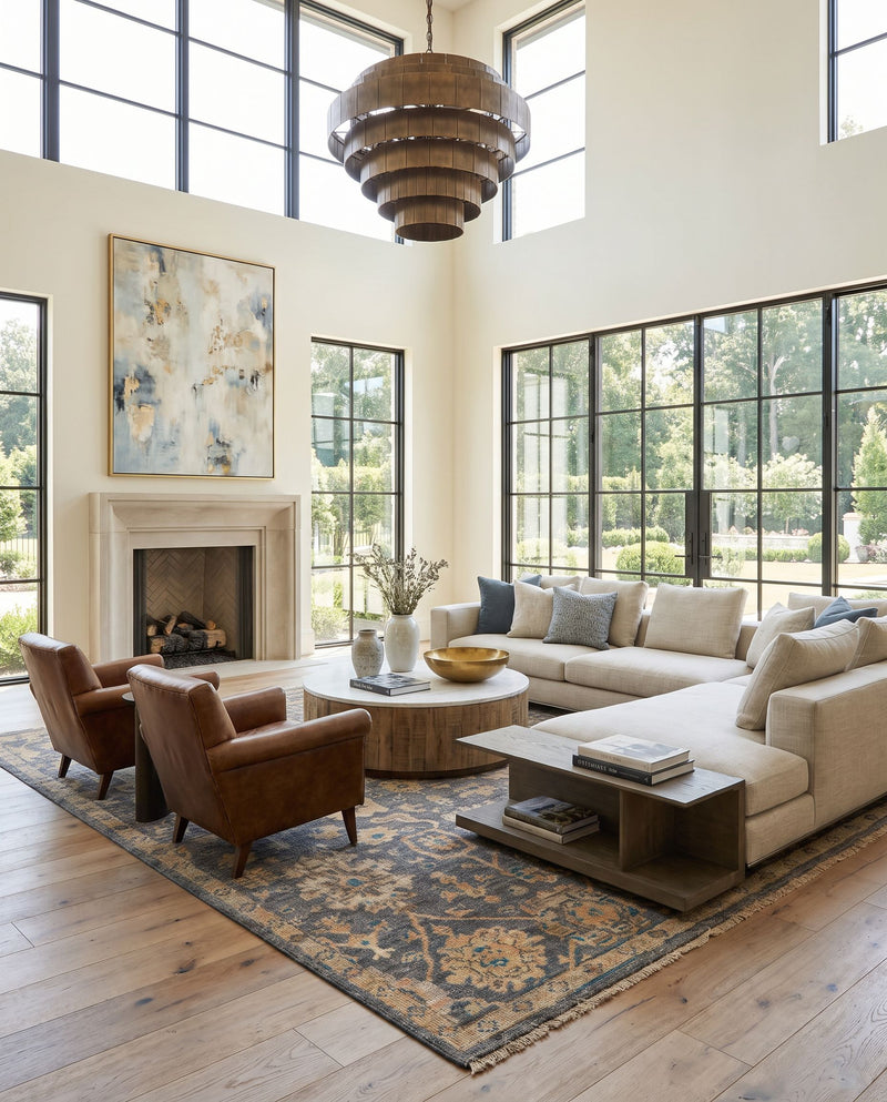 Monterey MOY-2301 Hand Knotted Rug as the centerpiece of a bright luxury living room — a hand knotted traditional area rug in charcoal, gray, tan and wheat tones