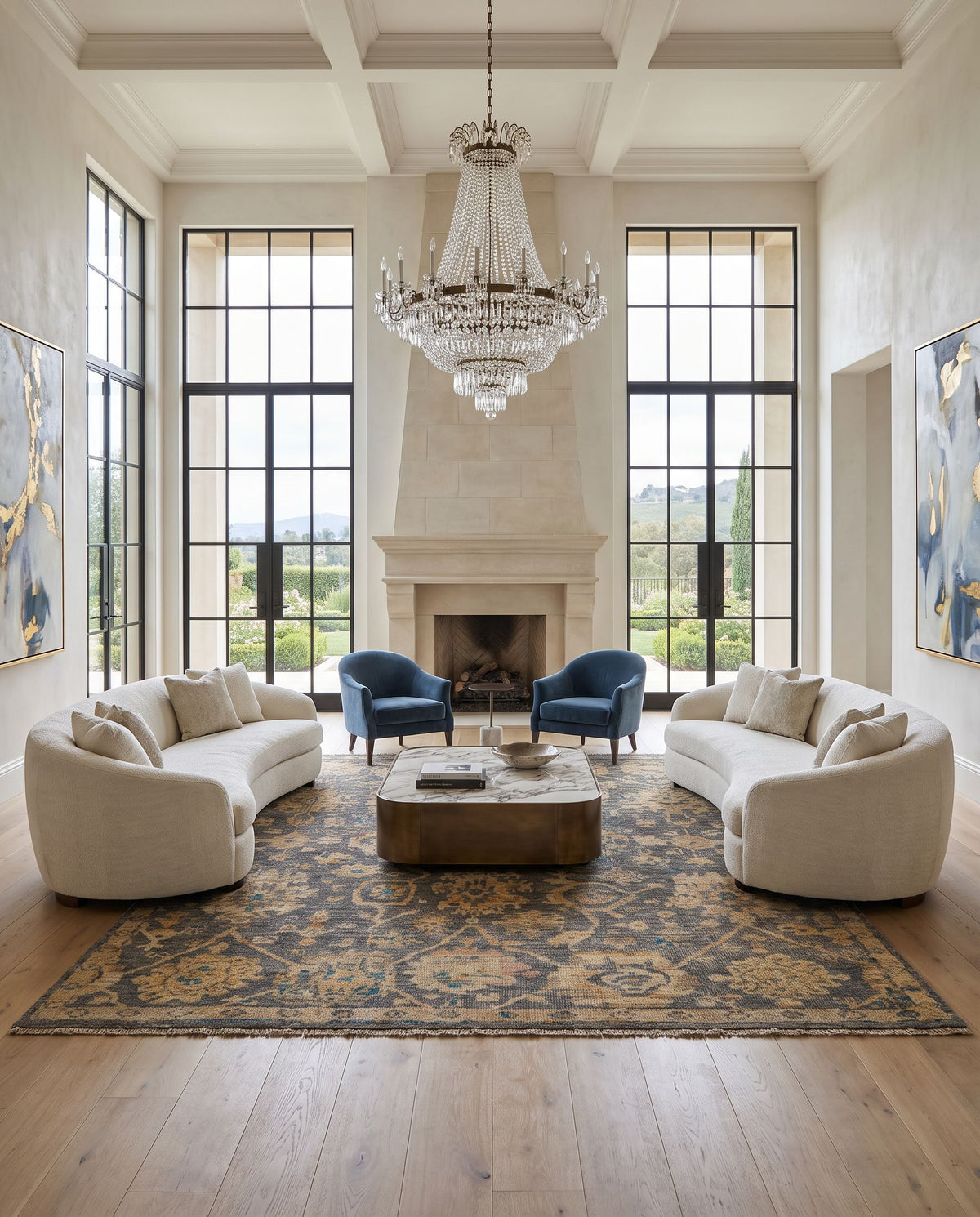 Monterey MOY-2301 Hand Knotted Rug styled in an elegant designer living room — hand knotted traditional area rug in charcoal, gray, tan and wheat tones