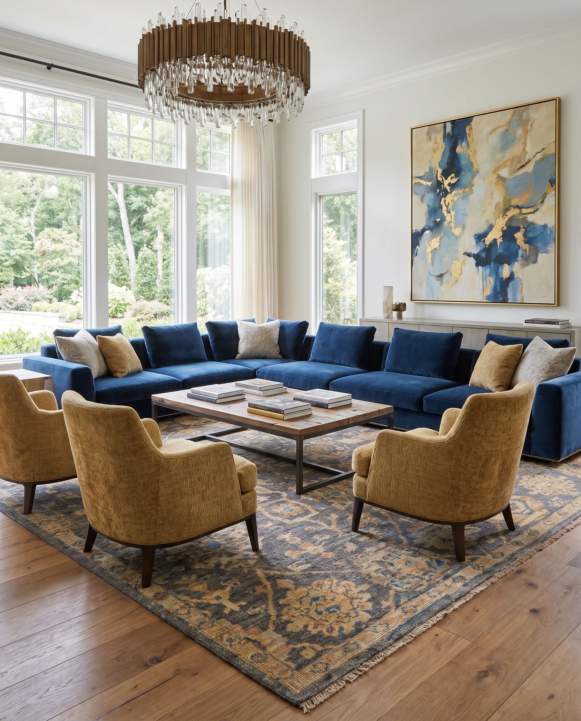 Monterey MOY-2301 Hand Knotted Rug styled in an elegant designer living room — hand knotted traditional area rug in charcoal, gray, tan and wheat tones
