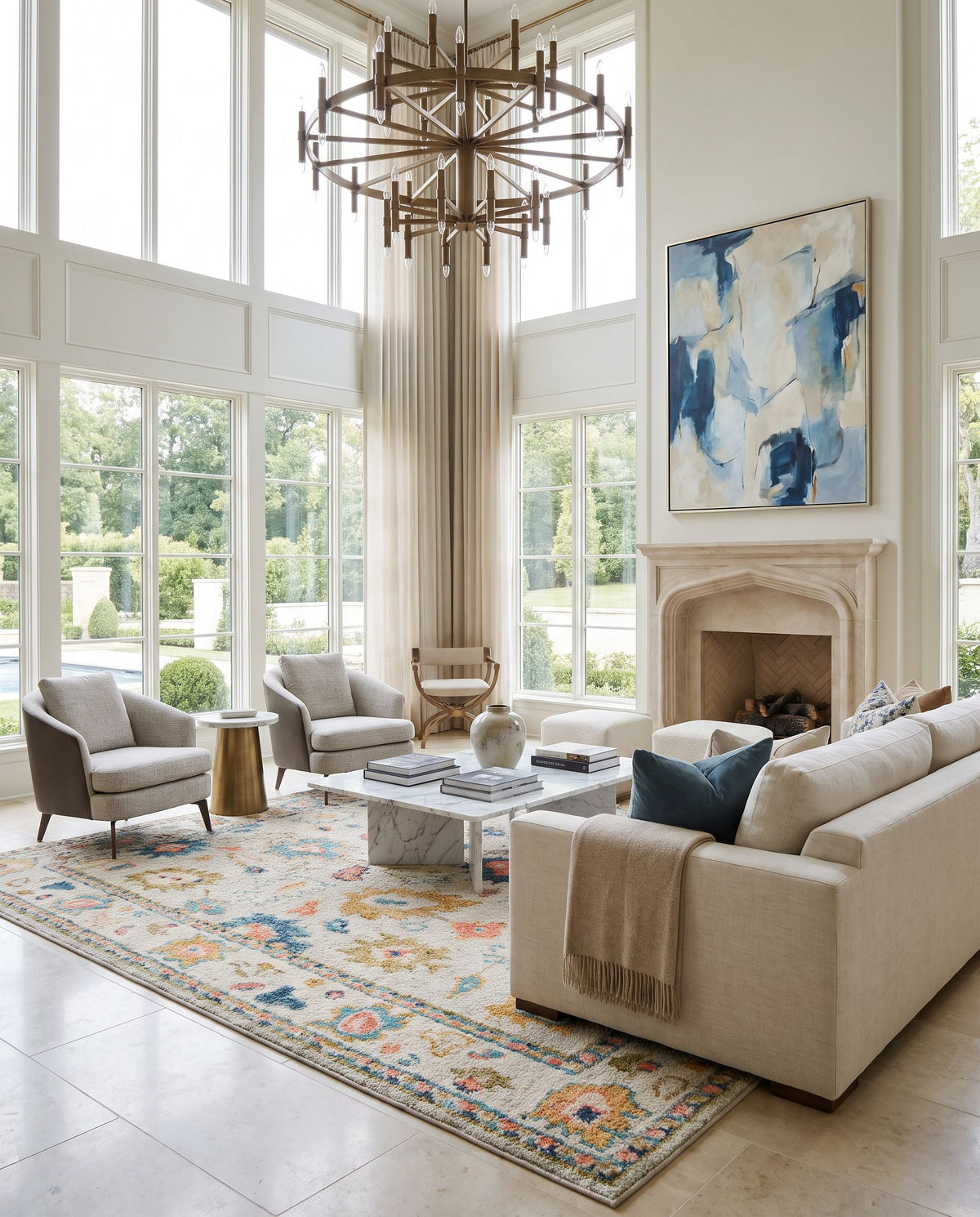 Marrakech MRK-2300 Hand Knotted Rug as the centerpiece of a bright luxury living room — a hand knotted traditional area rug in dark blue, sky blue, orange and mustard tones