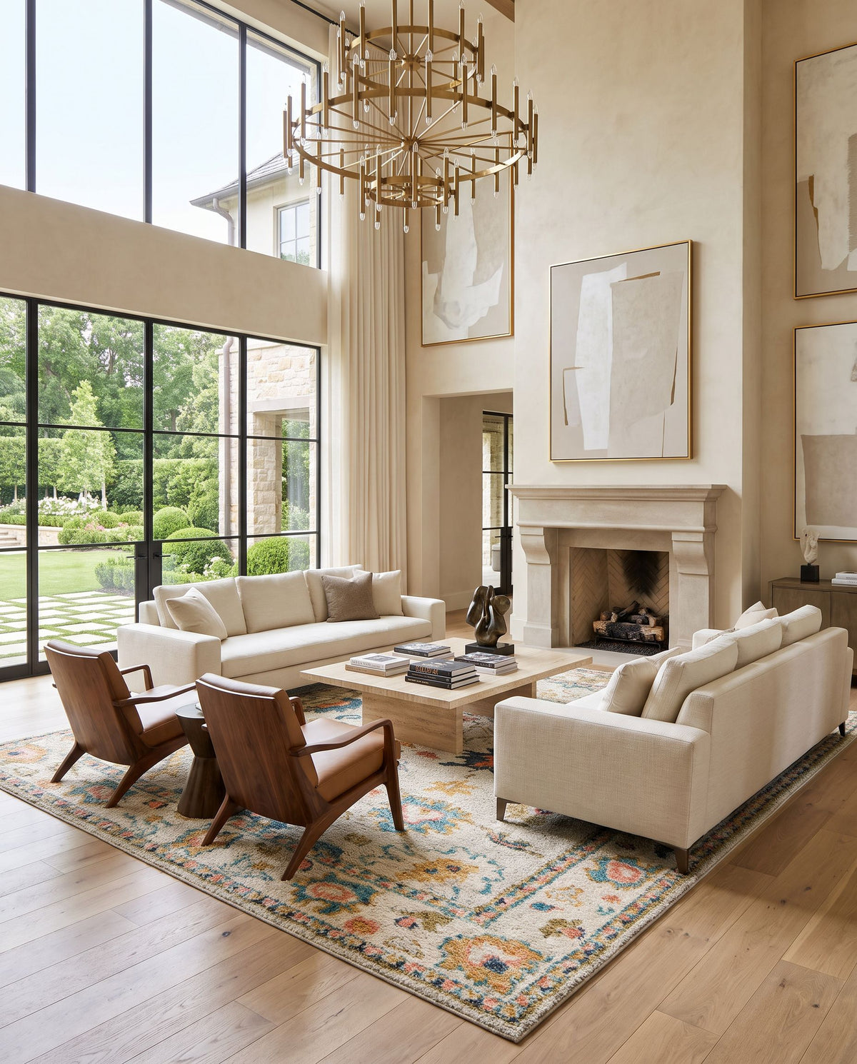 Marrakech MRK-2300 Hand Knotted Rug styled in an elegant designer living room — hand knotted traditional area rug in dark blue, sky blue, orange and mustard tones