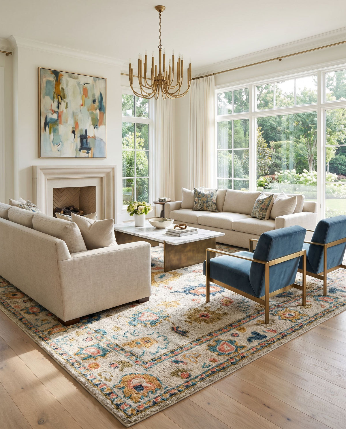Marrakech MRK-2300 Hand Knotted Rug styled in an elegant designer living room — hand knotted traditional area rug in dark blue, sky blue, orange and mustard tones