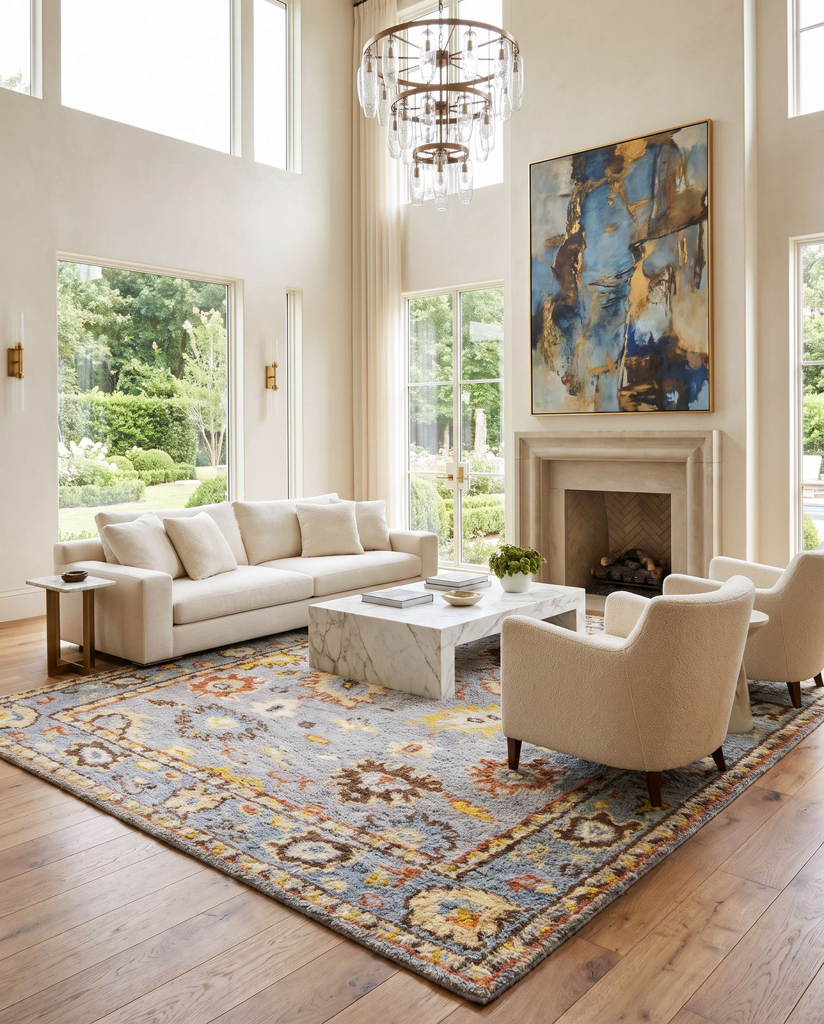 Marrakech MRK-2301 Hand Knotted Rug as the centerpiece of a bright luxury living room — a hand knotted traditional area rug in dark brown, rust, mustard and medium gray tones
