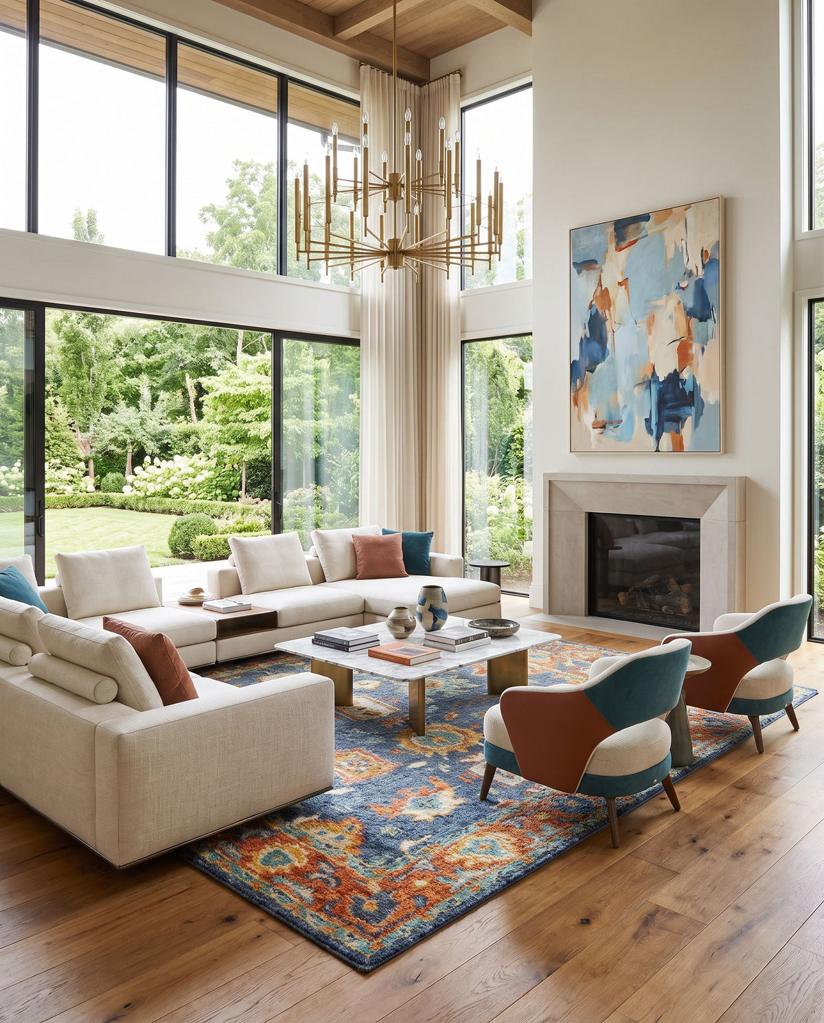 Marrakech MRK-2303 Hand Knotted Rug as the centerpiece of a bright luxury living room — a hand knotted traditional area rug in burnt orange, dusty coral, rust and dark blue tones