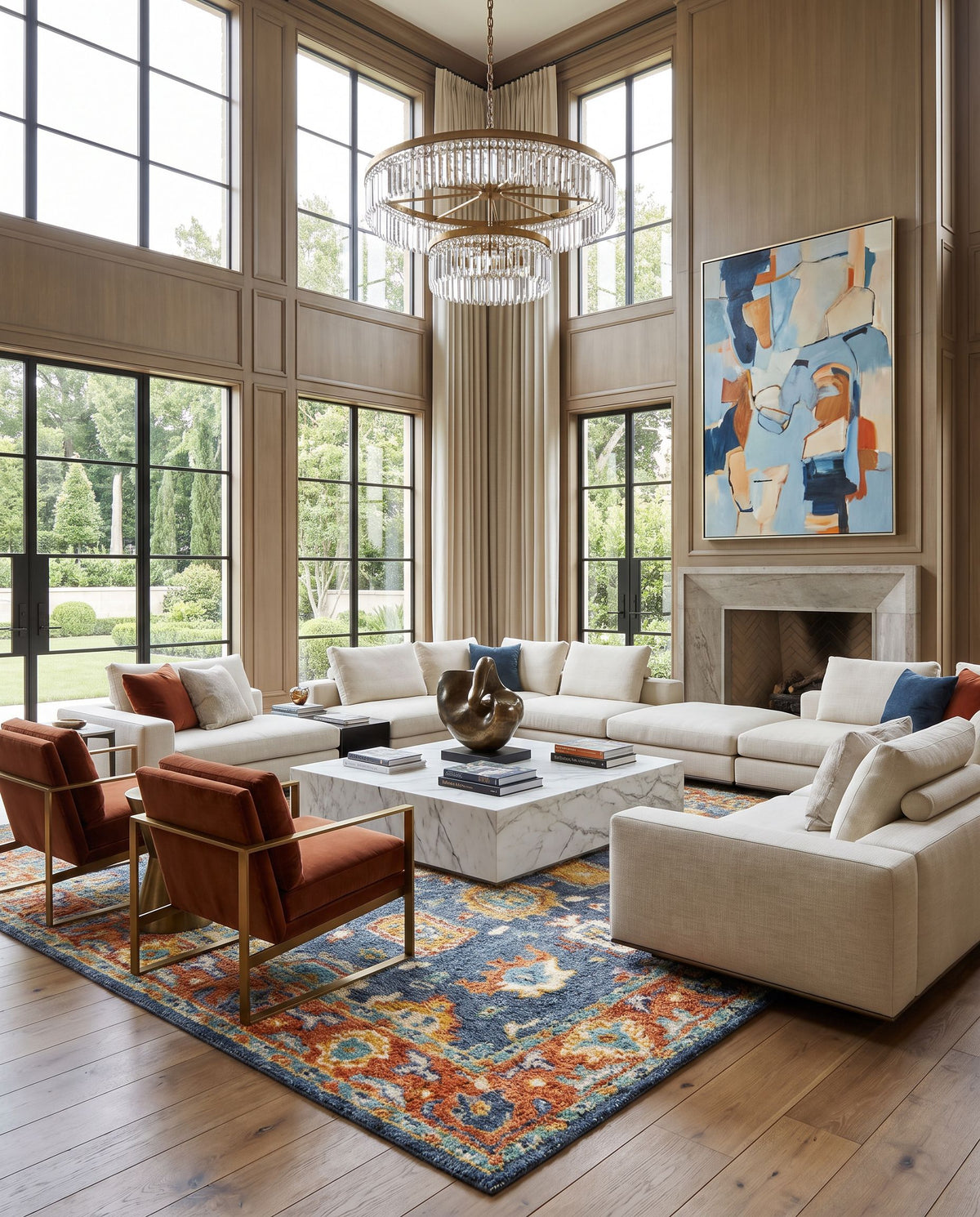 Marrakech MRK-2303 Hand Knotted Rug styled in an elegant designer living room — hand knotted traditional area rug in burnt orange, dusty coral, rust and dark blue tones